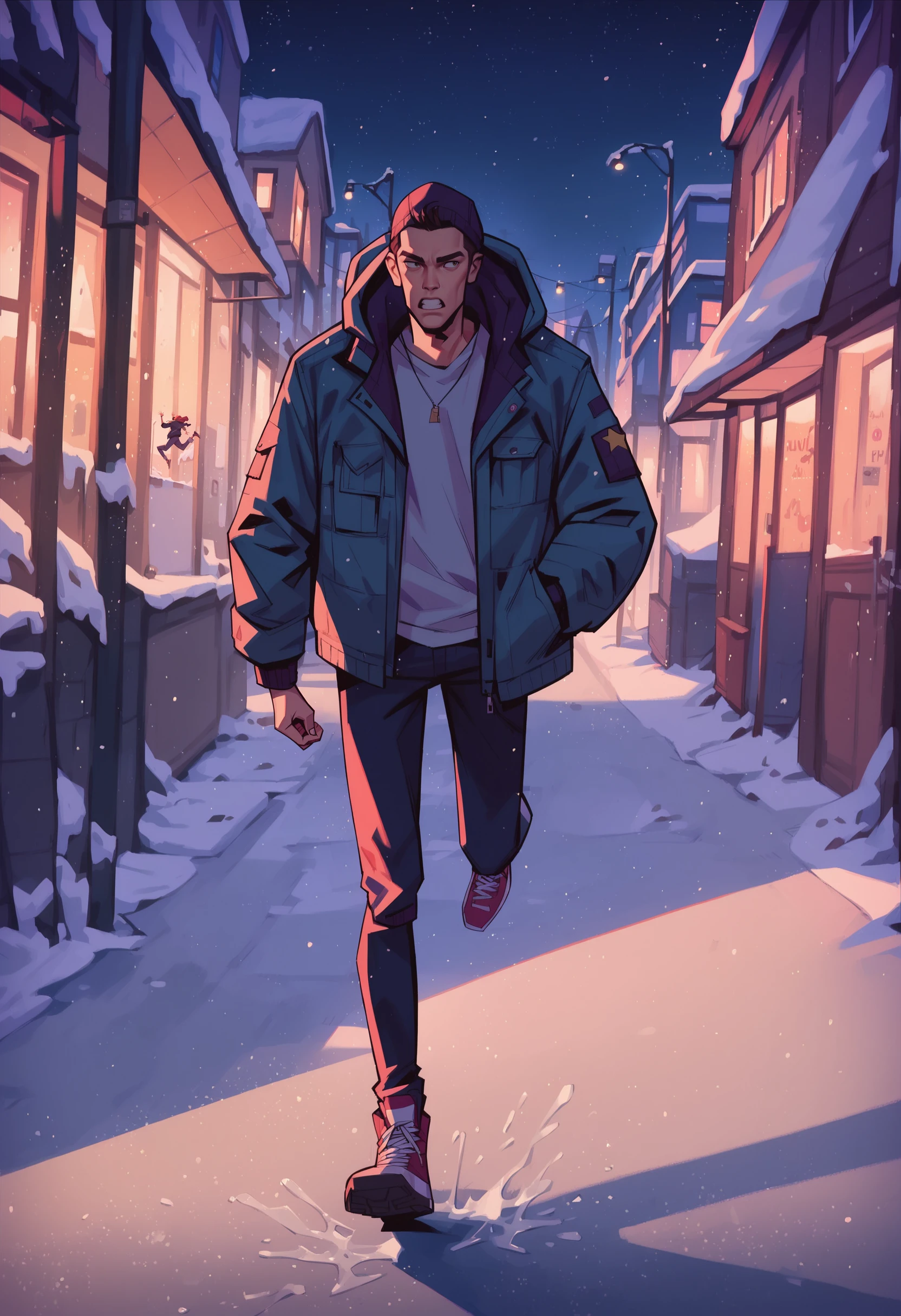score_9, score_8_up, score_7_up, score_6_up, score_9, score_8_up, score_8, SH_Style, RobVal, 1man, thick winter jacket, hood, running on ice, night, stars, <lora:Sheeps_Styles:0.8>
