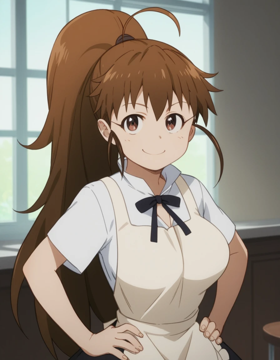 score_9, score_8_up, score_7_up, source_anime, <lora:popura-taneshima-s2-ponyxl-lora-nochekaiser:1>, popura taneshima, long hair, brown hair, brown eyes, ponytail, ahoge, large breasts,, apron, waitress, short sleeves, skirt, black skirt,, indoors, smug, smile, looking at viewer, solo, hands on hips,, cowboy shot, dutch angle