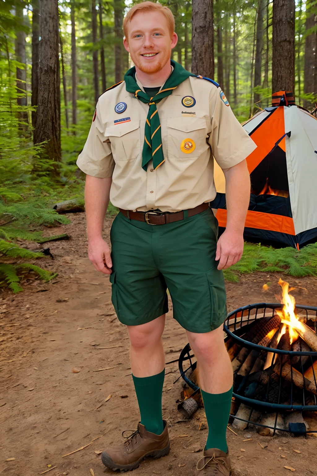 forest campground, (standing beside a campfire:1.2), smiling, ginger hair, CFReece is a scoutmaster, wearing scoutmaster outfit, hiking shorts, long green hiking socks, (hiking boots), (((full body portrait))), wide angle  <lora:CFReece:0.8>  <lora:Bsa:0.45>