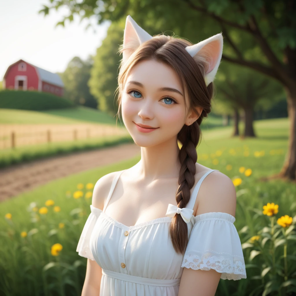 score_9,score_8_up,score_7_up,
young 1girl with braided hair and fluffy cat ears, dressed in Off-Shoulder Sundress, standing in a rustic farm setting. She has a soft, gentle smile, expressive eyes and sexy cleavage. The background features a charming barn, fields of golden wheat, and a clear blue sky. The composition should be bathed in the warm, golden hour light, with a gentle depth of field and soft bokeh to accentuate the pastoral serenity. Capture the image as if it were taken on an old-school 35mm film for added charm, looking at viewer