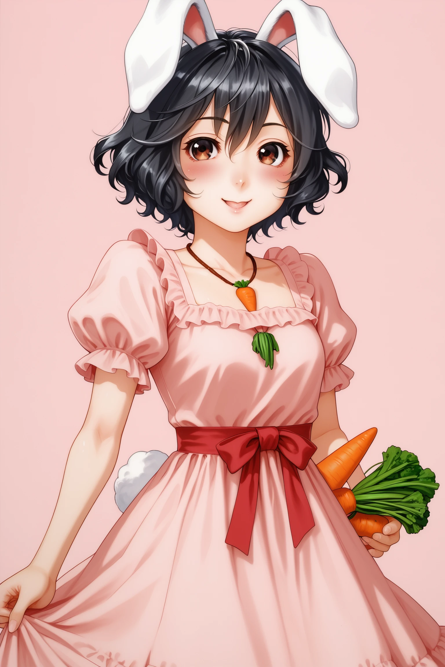 score_7_up, traditional media, 1girl, solo, inaba tewi, animal ears, rabbit ears, tail, rabbit tail, pink background, black hair, simple background, carrot necklace, short sleeves, pink dress, dress, short hair, puffy sleeves, rabbit girl, puffy short sleeves, carrot, jewelry, looking at viewer, hair between eyes, floppy ears, necklace, bangs, wavy hair, brown eyes, smile, blush, red ribbon, frilled sleeves
, <lora:Yamatogawa_PonyXL_dim32:1>