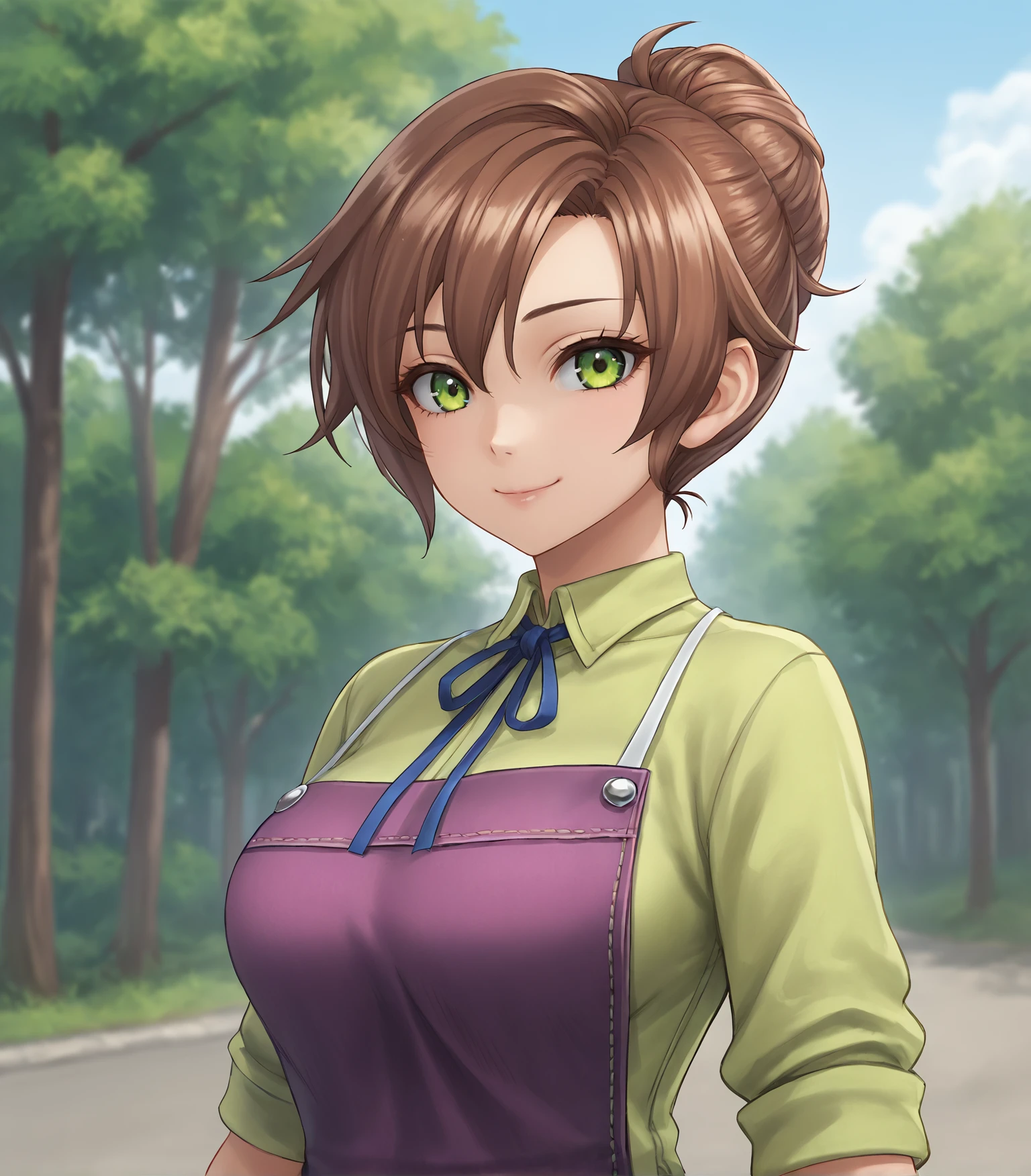 score_9, score_8_up, score_7_up, score_6_up, score_5_up, score_4_up, BREAK source_anime,
1girl, solo,  upper body, portrait ,  looking at viewer, smile, outdoors, sky, trees,
<lora:Racoonkun_Artist_Style:0.6>, racoonsan 
 <lora:MarthaHerschel:0.9>, Martha Herschel, green eyes, brown hair, medium hair, hair bun, large breasts, green dress, blue ribbon, purple apron, capri pants, green shoes,