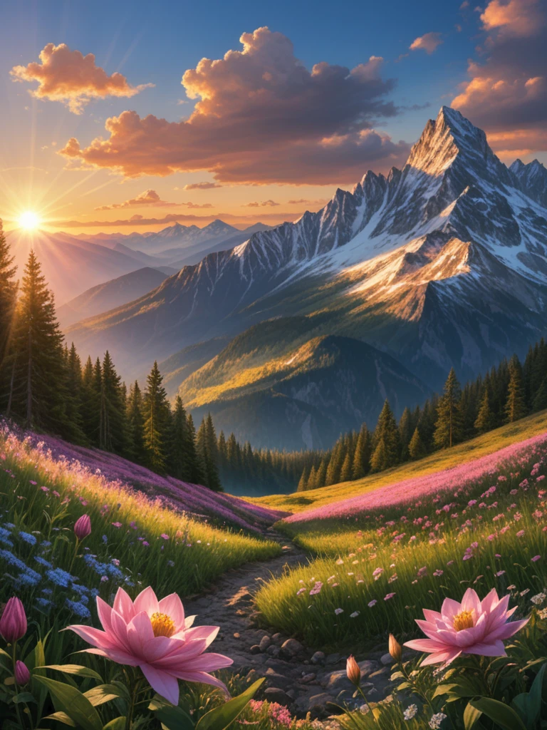 beautiful mountain landscape at dawn, god rays, intricate details, ultrarealistic, hyperrealistic , ((masterpiece)), ((best quality)), 8k, high texture resolution, uhd, hdr, cinematic lighting, valley full of flowers, mountain peaks with snow, majestic sky