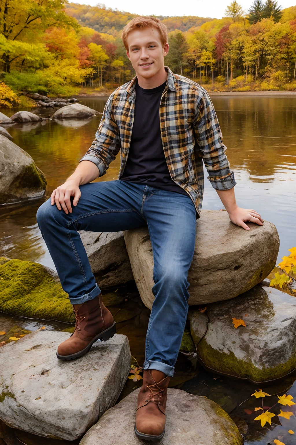 edge of a tranquil lake, forested hill in background, fall foliage, ((sitting on a boulder)), serene smile, ginger hair, slightly smiling, CFReece, wearing flannel shirt, jeans, hiking boots, (((full body portrait))), wide angle,   <lora:CFReece:0.8>