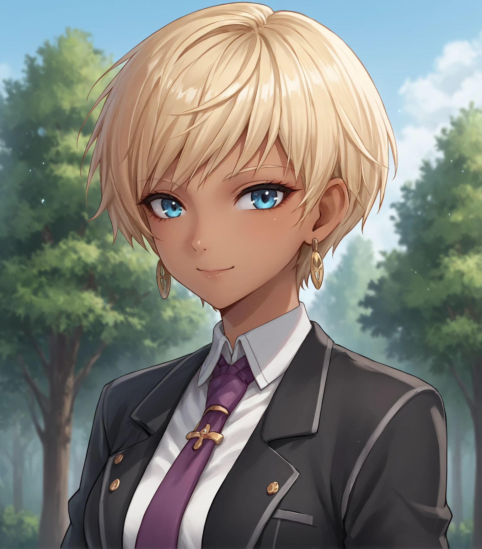 score_9, score_8_up, score_7_up, score_6_up, score_5_up, score_4_up, BREAK source_anime,
1girl, solo,  <lora:NajeBerca:0.9>, Naje Berca, blonde hair, short hair, blue eyes, medium breasts, dark skin, dark-skinned female, black suit, black gloves, black pants, purple neckwear, jewelry, earrings,, 
upper body, portrait looking at viewer, smile, outdoors, sky, trees,
<lora:Racoonkun_Artist_Style:0.6>, racoonsan,,