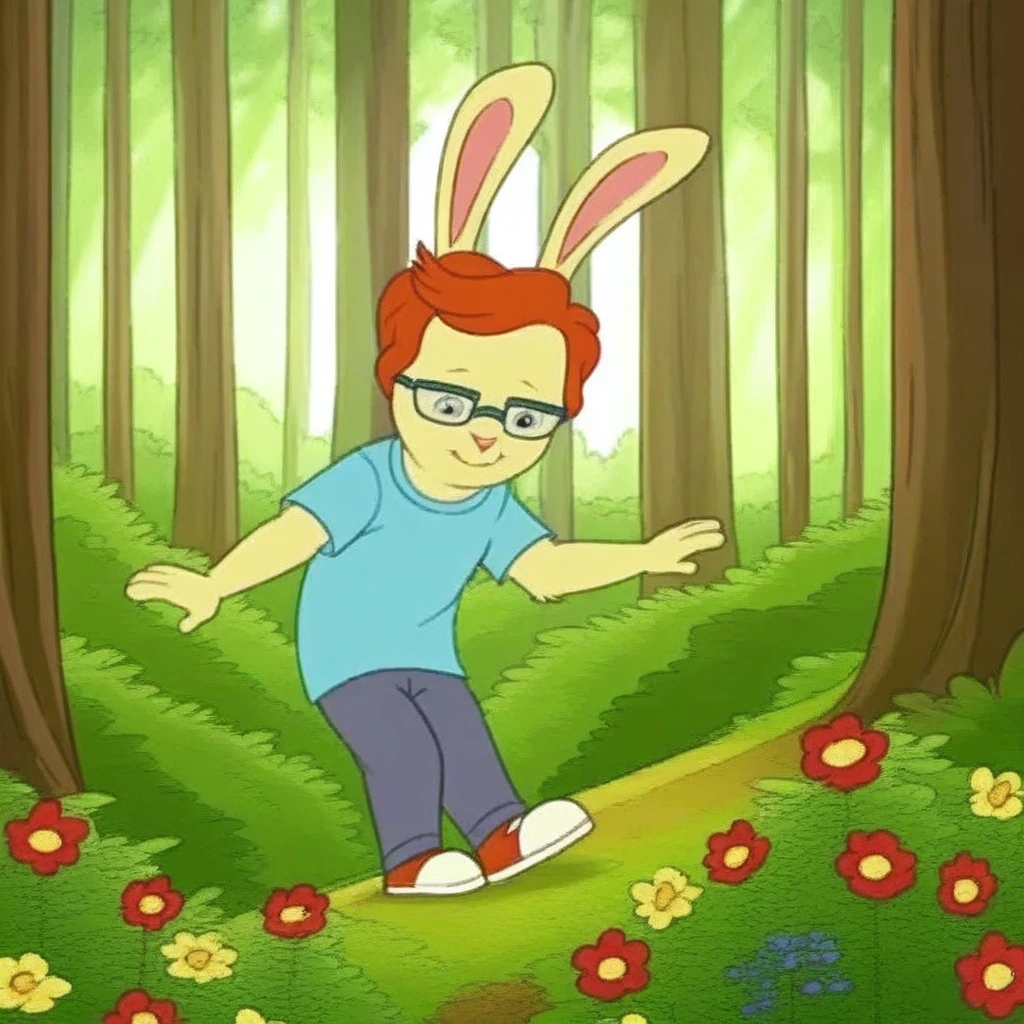 score_9, solo, carl_g, rabbit ears, glasses, forest, flowers, natural lighting