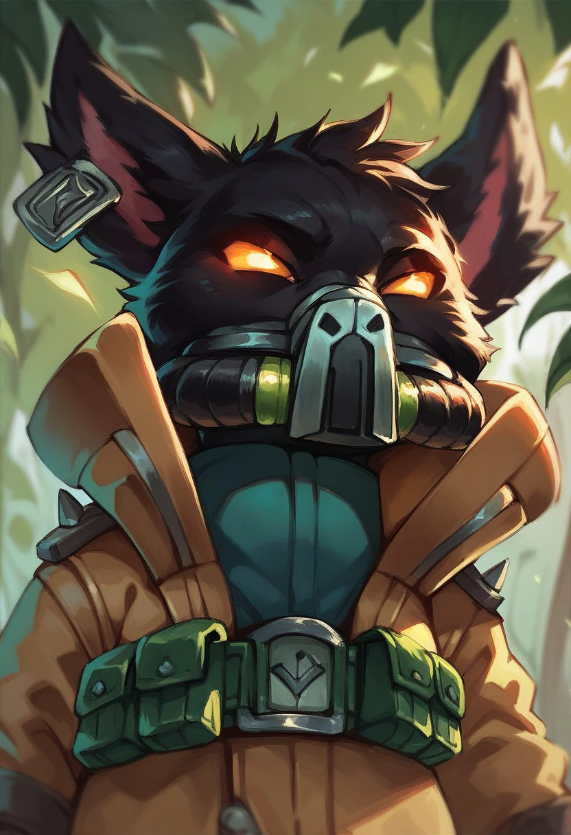 score_9, score_8_up, score_7_up, ultra quality, 1boy, yordle, shortstack, veigarxl, omegav, gas mask, military coat, belt, poach, black fur, glowing eyes, green lush background, happy, portrait