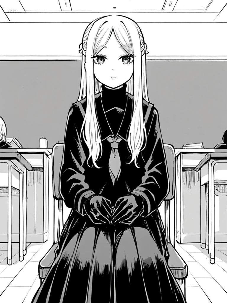 score_9, score_8_up, score_7_up, 
1girl, monochrome, ichijou michiru, white hair, long hair,  parted bangs, french braid,

turtleneck, school uniform, black serafuku, long sleeves, long skirt, black skirt, black gloves,

sitting, chair, classroom, looking at viewer, expressionless, solo,
