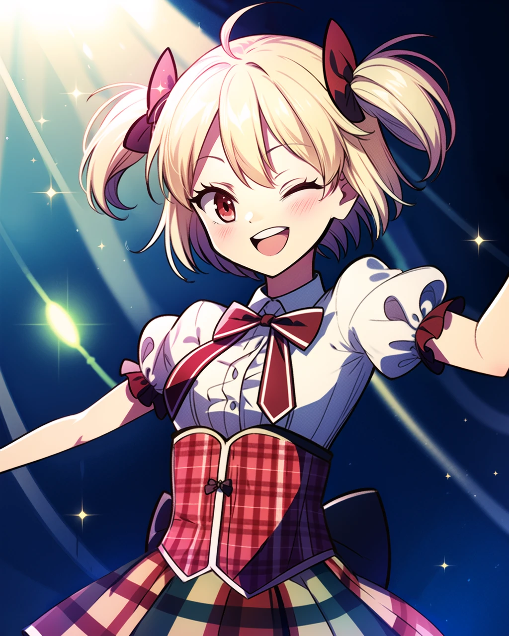 masterpiece, high quality, mgrcayanorika, 1girl, dynamic pose, upper body, medium shot, blonde hair, short twintails, ahoge, red eyes, red hair bows, white shirt, red plaid corset, red plaid skirt, hands outstretched, red bowtie, juliet sleeves, one eye closed, wink, mouth open, smiling, stage, idol, sparkles, <lora:mgrcayanorika:0.85>,  <lora:add_detail:0.75>