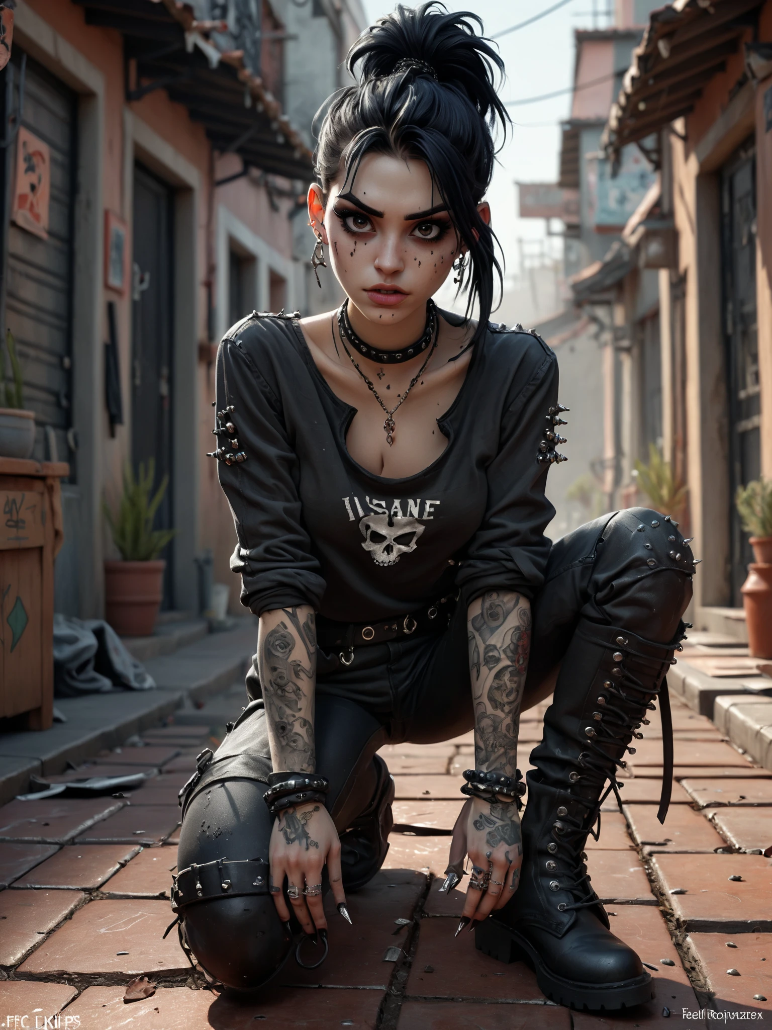 goth girl, her messy jet black hair is pulled back in a ponytail, the scars over her face are prominent but look old, she’s dressed all in black wearing a black long sleeve shirt covered in silver studs and spikes, tight black jeans, leather combat boots, she’s covered in tattoos, and piercings. character illustration by felicien rops, illustration, conceptual art
epic action, Unreal Engine, cinematic award winning artwork, many details, extreme detailed, full of details,Wide range of colors., dramatic, Dynamic,Cinematic,Sharp details, Insane quality. Insane resolution. Insane details. Masterpiece. 32k resolution. casting shadow style, cucoloris patterned illumination, dvr-lnds-sdxl, ral-dissolve, ral-ertmsphr, ral-porcelain, ral-pxlprtcl, Niji, aidma-niji