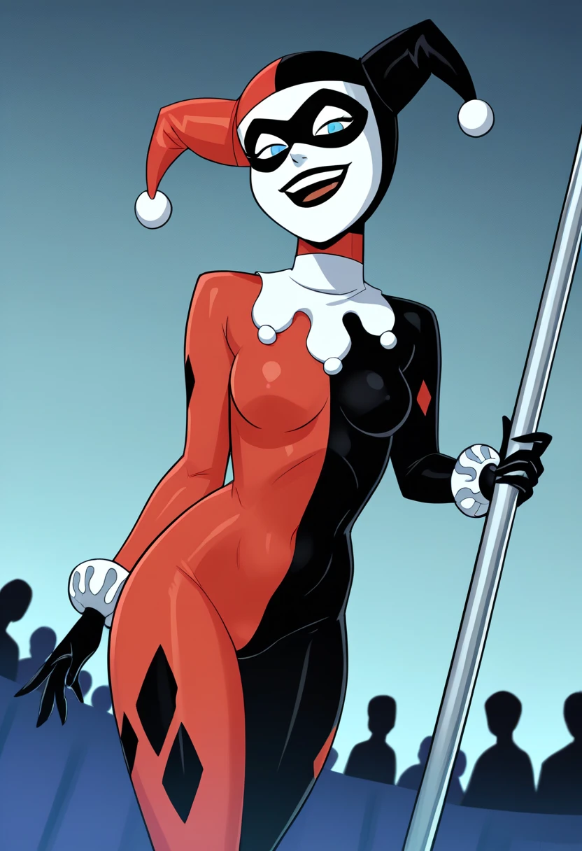 score_9, score_8_up, score_7_up, score_6_up, score_5_up, score_4_up, BREAK source_cartoon,
1girl, hq1992, domino mask, jester cap, bodysuit, blue eyes, gloves,
looking at viewer, evil smile, dutch angle, cowboy shot, stripper, stripper pole, pole dancing, crowd, nightclub background <lora:HQ1992XL:1>