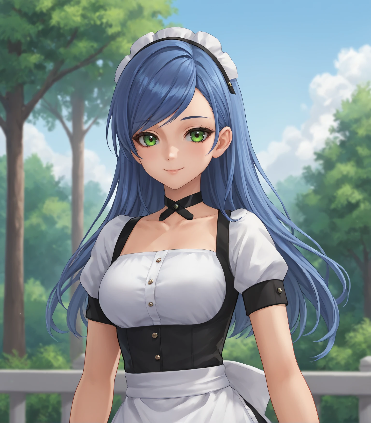 score_9, score_8_up, score_7_up, score_6_up, score_5_up, score_4_up, BREAK source_anime,
1girl, solo,  upper body, portrait ,  looking at viewer, smile, outdoors, sky, trees,
<lora:Racoonkun_Artist_Style:0.6>, racoonsan 
 <lora:LilaMaid:0.9>, Lila, blue hair, long hair, swept bangs, green eyes, medium breasts,  maid headdress, maid outfit, white apron, black collar, black thighhighs, black shoes,