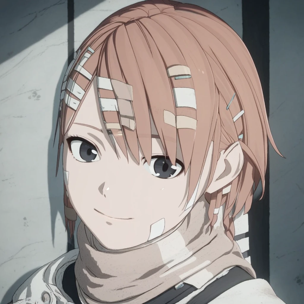 score_9, score_8_up, score_7_up, Tae, Blame!, 1girl, solo, looking at viewer, smile, short hair, industrial background, brown hair, hair ornament, interior, closed mouth, upper body, braid, red hair, hairclip, scarf, black eyes, single braid, bandages, portrait, bandaid, anime coloring, general