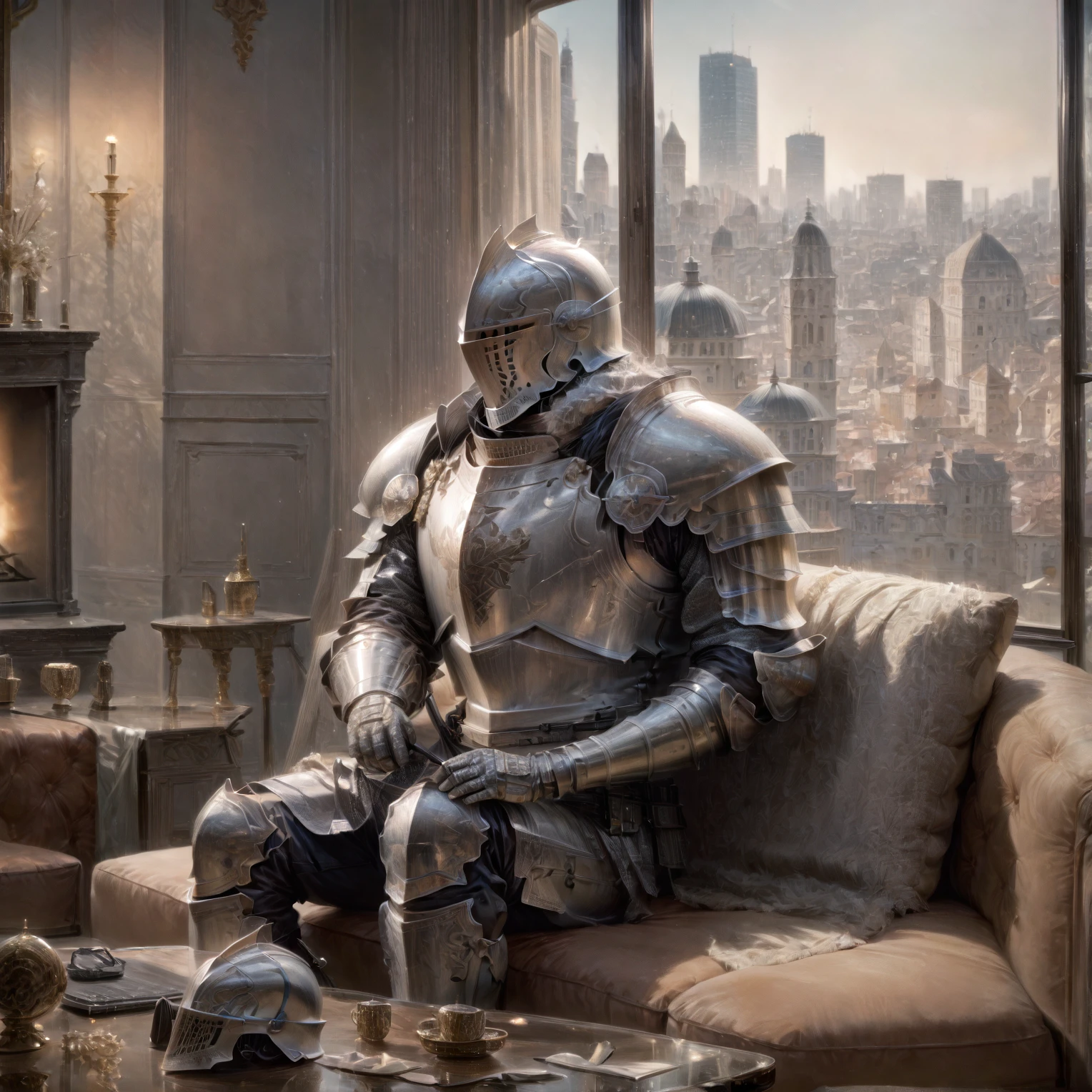 couch, sitting, window, cityscape, <lora:Modern_Day_Knights_Pony_XL:1>, modernknight, knight, armor, helmet, armored gloves, BREAK score_9, score_8_up, score_7_up, best quality, masterpiece, 4k, prefect lighting, very aesthetic, anime, zPDXL2