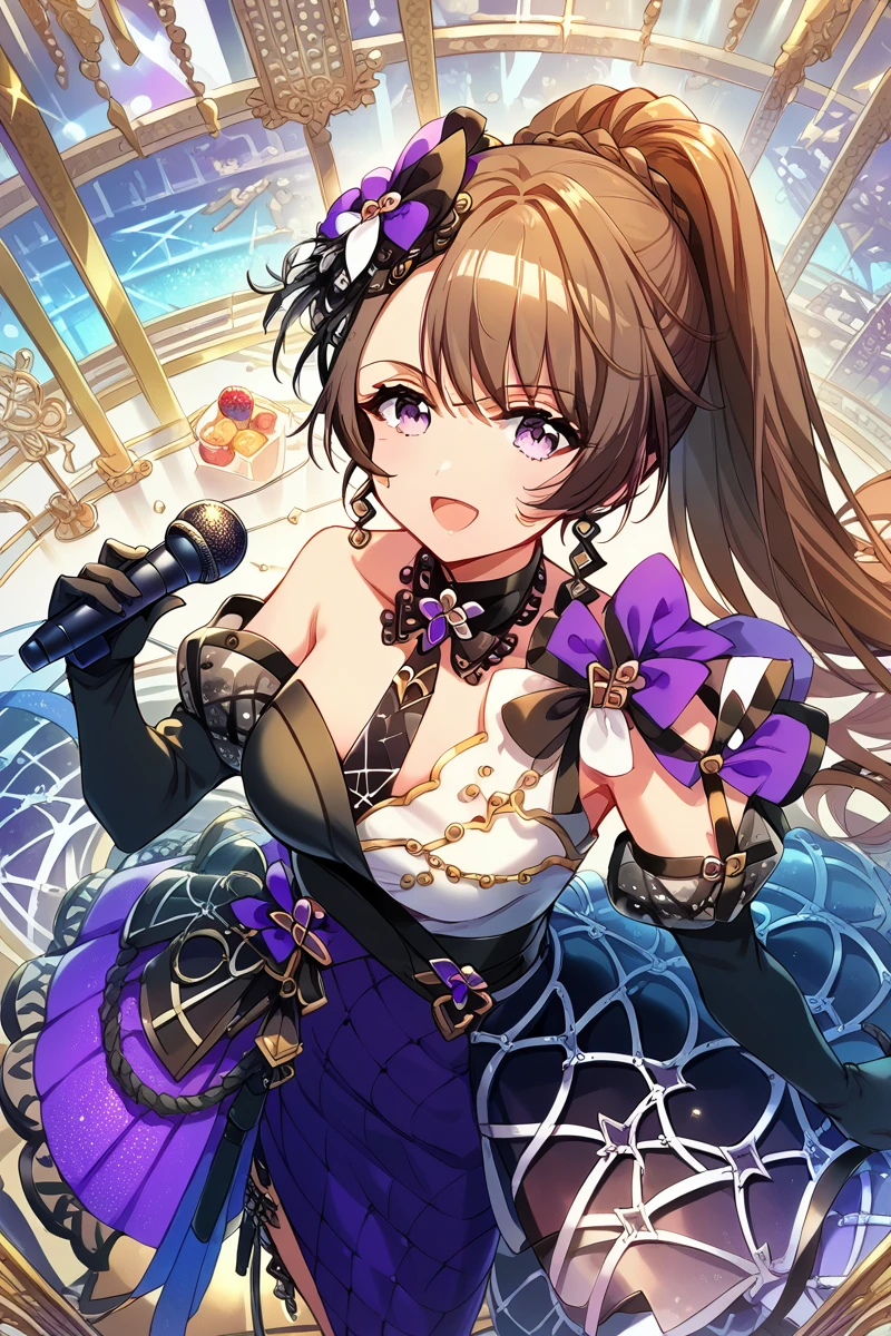 score_9, score_8_up, score_7_up, score_6_up, 1girl,
 <lora:Himegami_Shano:0.9> himegami, microphone, gloves, brown hair, ponytail, solo, dress, elbow gloves, holding microphone, purple eyes, breasts, long hair, black gloves, food, microphone stand, navig