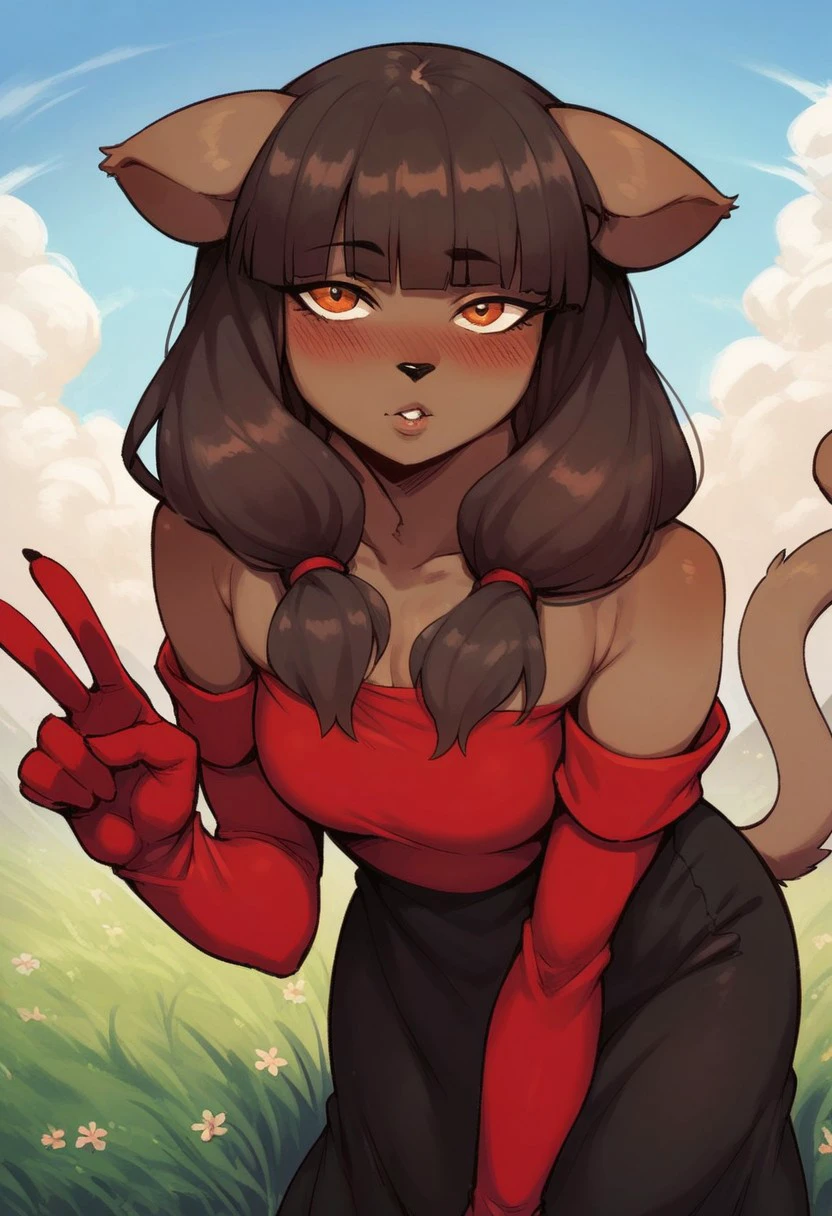 score_9, score_8_up, score_7_up, 1girl, Mirandaxl, dark skin, blunt bangs, twintails, orange eyes, animal nose, animal nose, cat girl, red dress, black dress, red elbow gloves, bare shoulders, leaning forward, cowboy shot, v sign, parted lips, blush, sky, grass