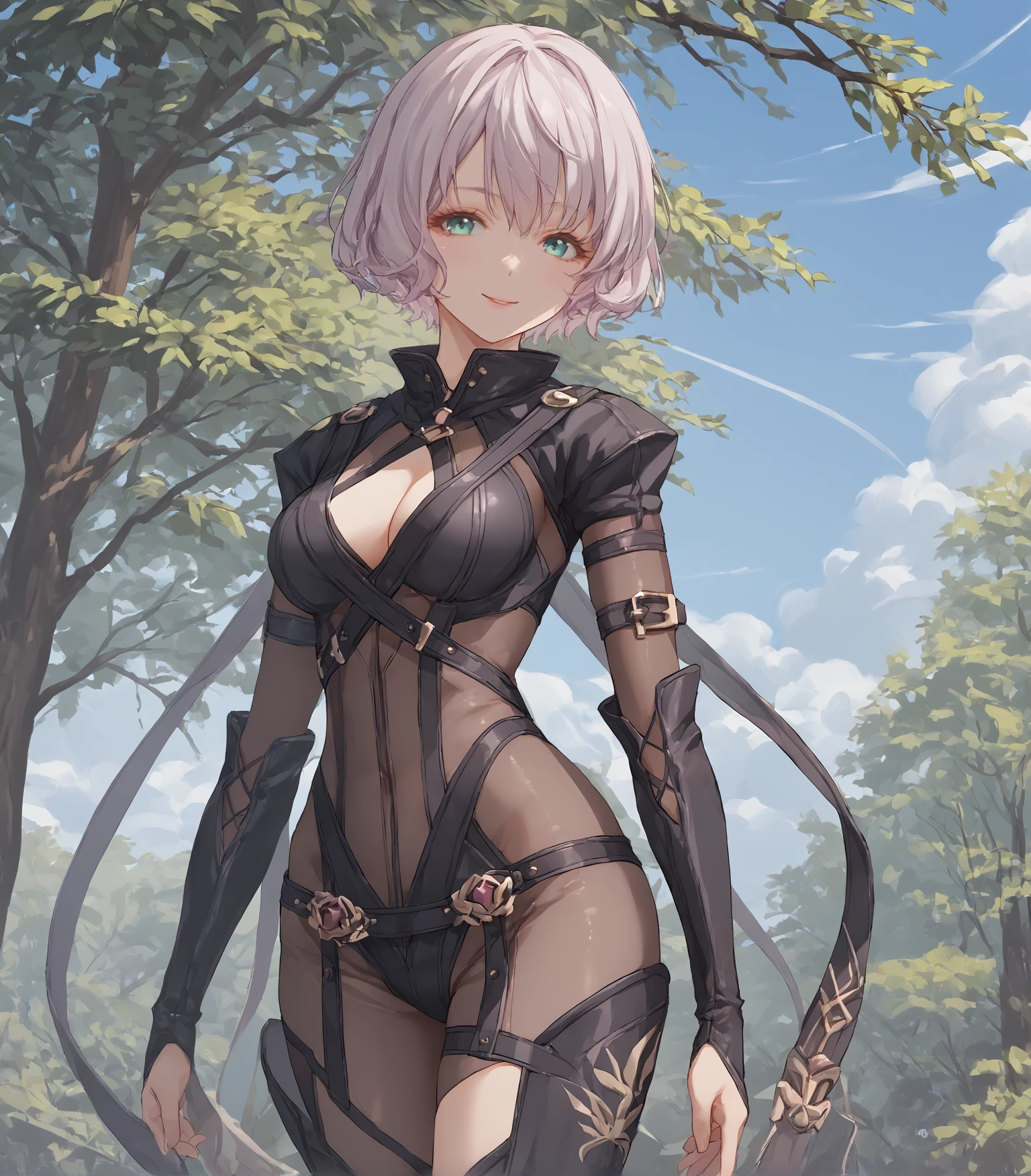 score_9, score_8_up, score_7_up, score_6_up, score_5_up, score_4_up, BREAK source_anime,
1girl, solo, cowboy shot , looking at viewer, smile, outdoors, sky, trees,
<lora:pottsness_style_xl:0.9>, <lora:rhasta:0.6>,
<lora:SharonKreugerEnforcer:0.9>, Sharon Kreuger, lavender hair, short hair, aqua eyes, medium breasts, kunoichi outfit, cleavage, black thigh boots, translucent bodysuit, thighs,