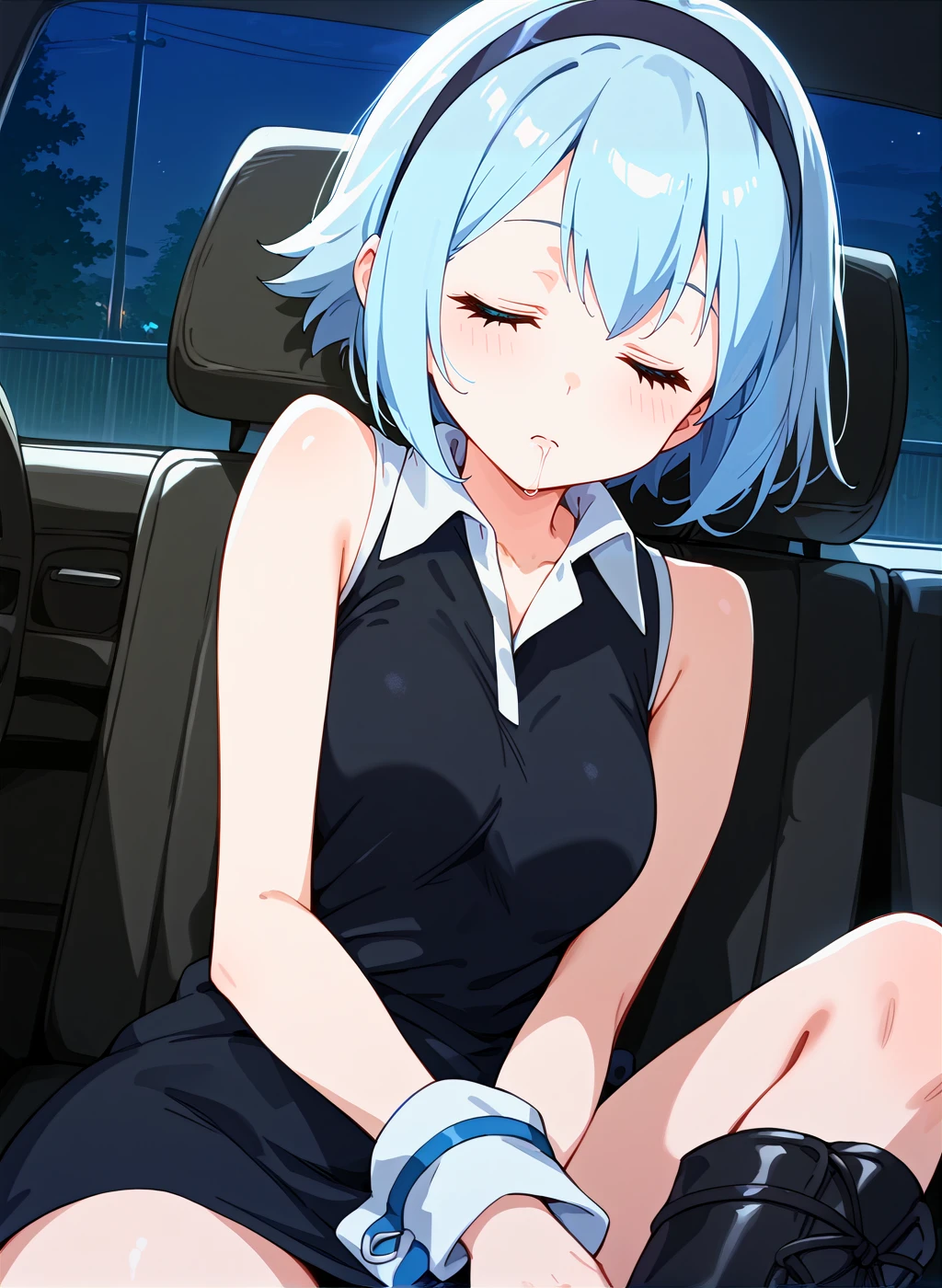 [(Beautiful young girl) (short black hair) (blue eyes) (flat chest) (small breasts)]  ([high Definition] [correct anatomy]):  (inside of a car) (sitting) (wearing skirt) (front of her perspective) (no panties) (visible vagina) 