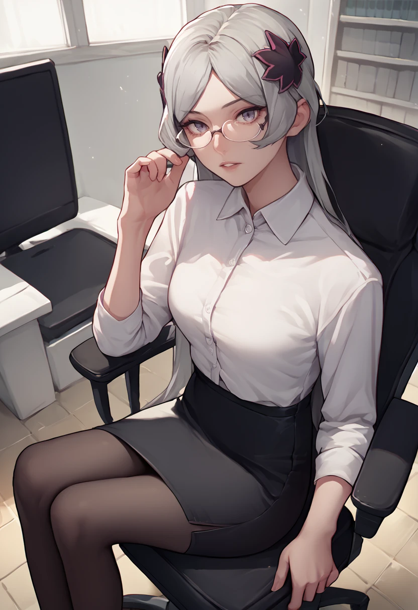 score_9, score_8_up, score_7_up, source_anime, solo, 1girl, danmachifreya, parted lips, looking at you, sitting, swivel chair, grey hair, hair ornament, glasses, white shirt, collared shirt, black skirt, pencil skirt, black pantyhose, indoors, office <segment:yolo-face_yolov8m.pt>