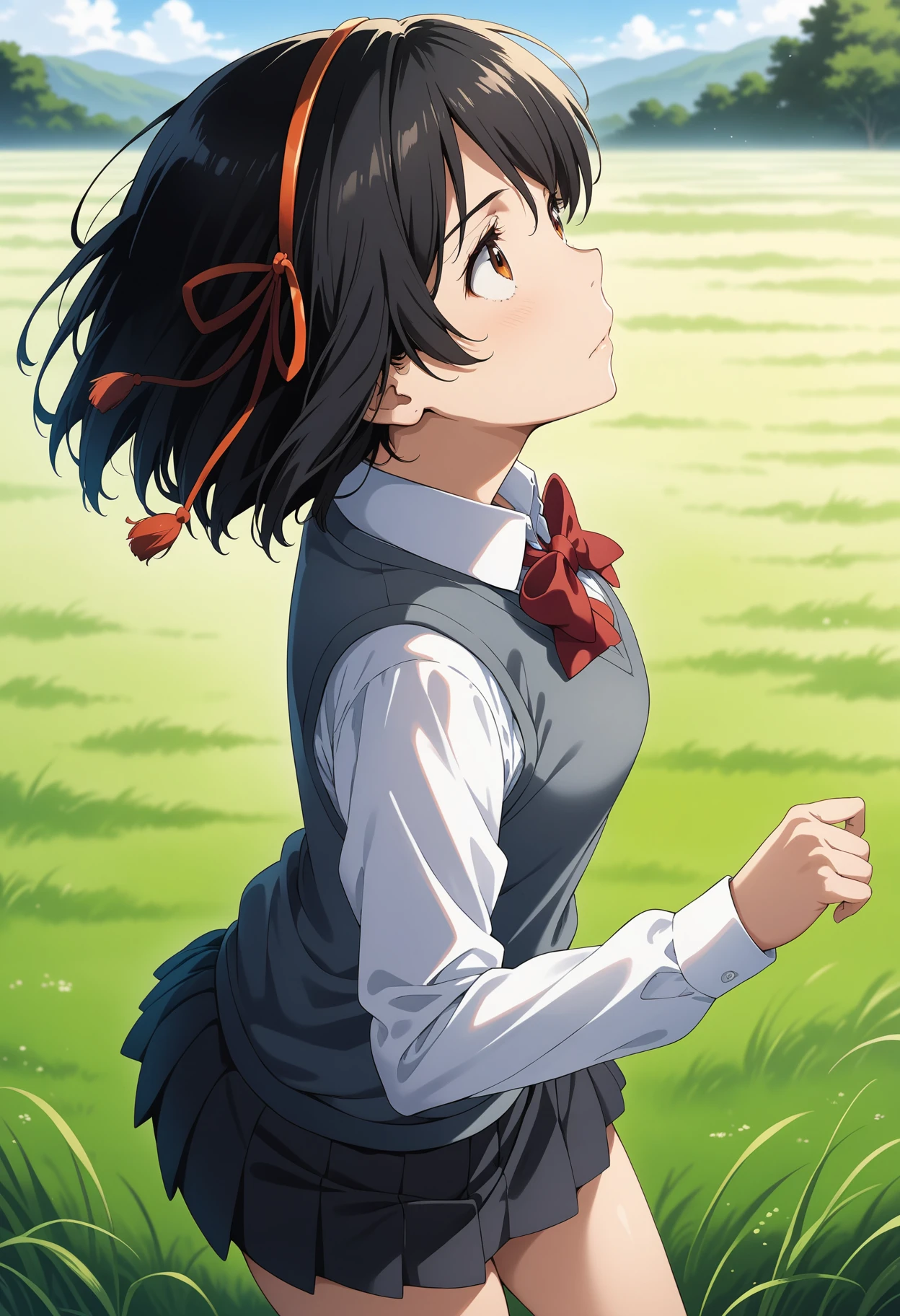 (masterpiece, best quality, very aesthetic, ultra detailed), intricate details, 4k, bbmitsuha, short hair, black hair, red hairband, hair ribbon, brown eyes, school uniform, red bowtie, collared shirt, white shirt, sweater vest, long sleeves, pleated skirt, black skirt, <lora:miyamizu_mitsuha_animagine_v1:0.9>, from side, looking up, field, floating hair, standing, cowboy shot,