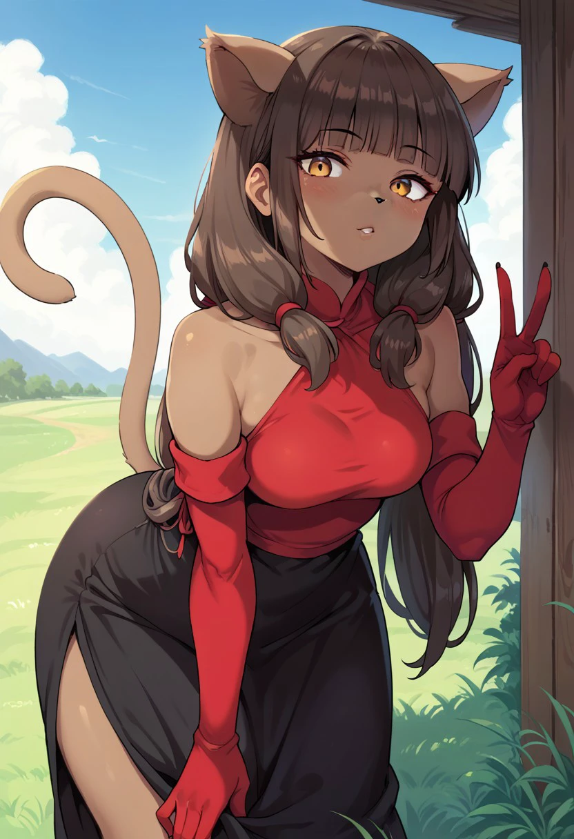 score_9, score_8_up, score_7_up, 1girl, Mirandaxl, dark skin, blunt bangs, twintails, orange eyes, animal nose, animal nose, cat girl, red dress, black dress, red elbow gloves, bare shoulders, leaning forward, cowboy shot, v sign, parted lips, blush, sky, grass