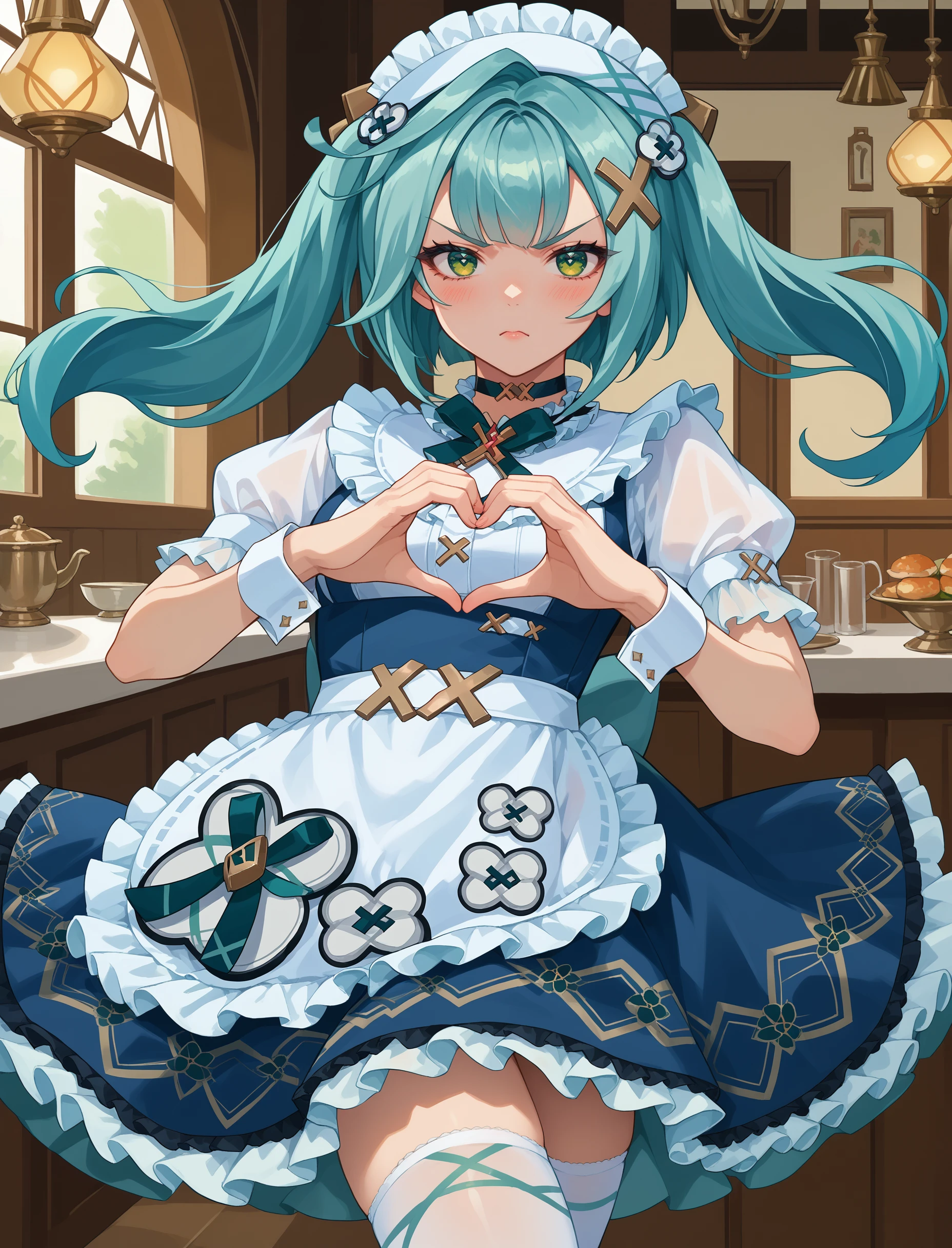 score_9, score_8_up, score_7_up, source_anime, <lora:wrenchGIFruzanCafe-000009:1>, wrnchgifrzncafe, long hair, green eyes, x hair ornament, aqua hair, twintails, 
frills, dress, puffy short sleeves, wrist cuffs, maid, maid headdress, maid apron, white apron, white wrist cuffs, white thighhighs, choker, frilled apron, breasts, 
hand heart, angry, blush,