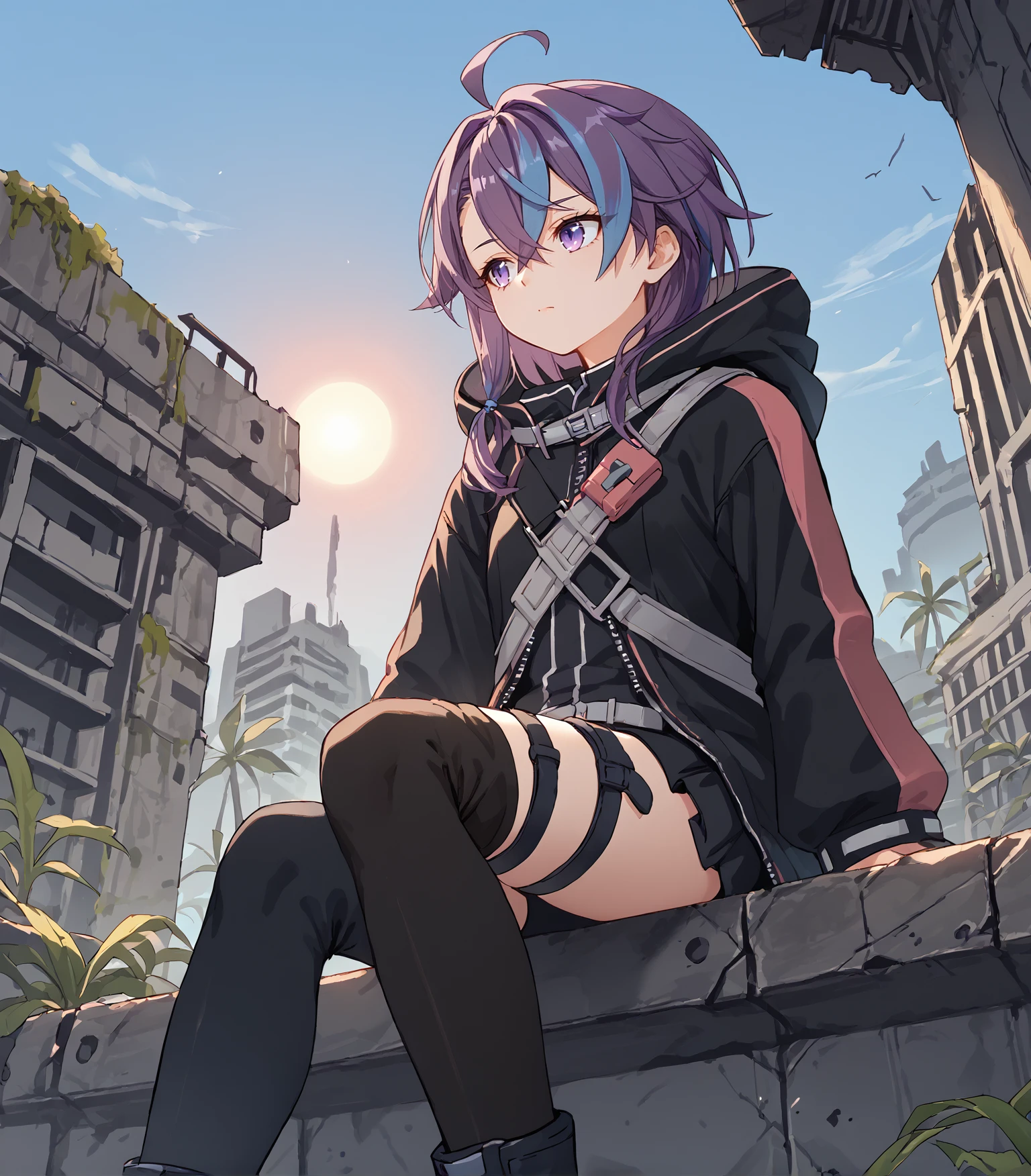 score_9, score_8_up, score_7_up, score_6_up, score_5_up, score_4_up, BREAK source_anime,
1girl, solo, <lora:JoldaF:0.9>, Jolda, medium hair, purple hair, blue streaked hair, hair over shoulder, ahoge, purple eyes, small breasts, black hooded jacket, hood down, asymmetrical legwear, black thigh belt, black thighhighs, black boots,, 
outdoors, tropical island, ruins, concrete building, run down building, trees, sky, sun, moss, overgrown,
emotionless, sitting ,
<lora:pottsness_style_xl:0.8>, <lora:rhasta:0.6>,
upper body, portrait