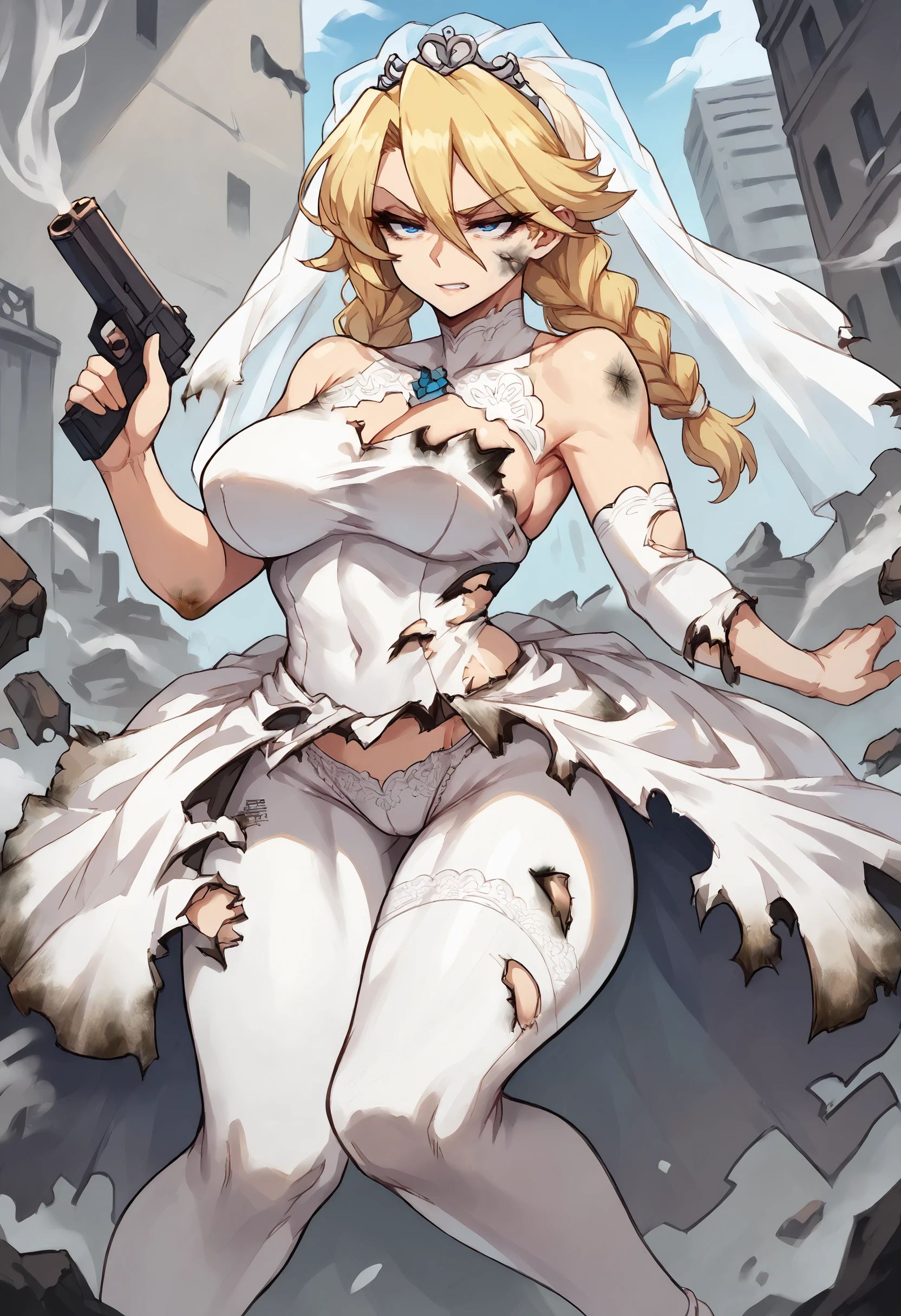 score_9, score_8_up, score_7_up, 1girl, blue eyes,detasiled pupils, twin braids,blonde hair,long hair, action shot, knees, (wedding dress:1.2), (holding gun:1.1), burnt clothes, burnt-clothes, burnt, (torn clothes:1.1), smoke, dirty, dirty face,large breasts, lace trim panties, smirk, rubble, city,smoke, hair between eyes
<lora:Burned Clothes (pony) v1:1>