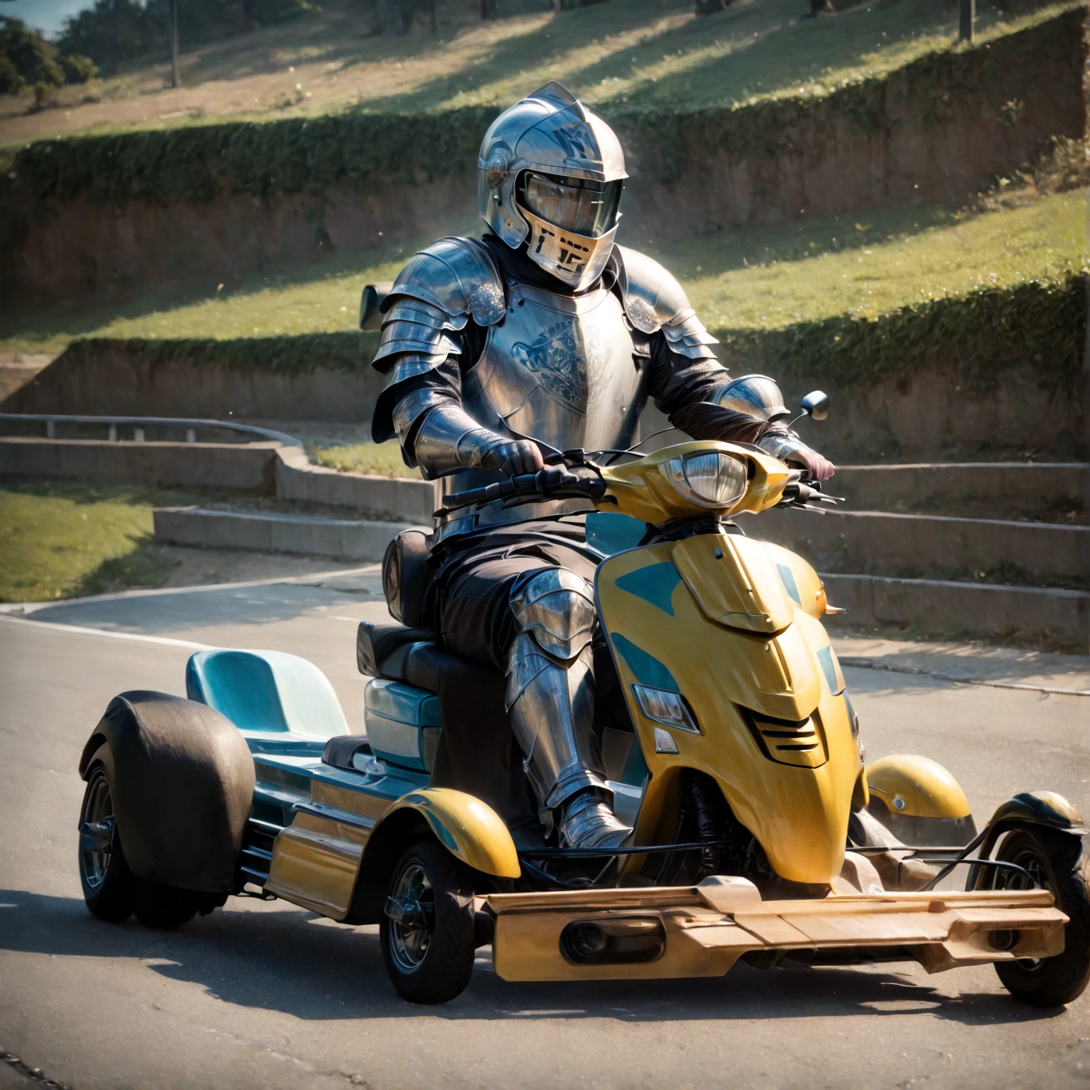 scooter, driving, motor vehicle, <lora:Modern_Day_Knights_Pony_XL:1>, modernknight, knight, armor, helmet, armored gloves, BREAK score_9, score_8_up, score_7_up, best quality, masterpiece, 4k, prefect lighting, very aesthetic, anime, zPDXL2