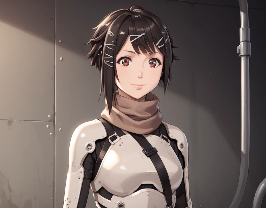 score_9, score_8_up, score_7_up, Zuru, Blame!, 1girl solo, short hair, brown hair, black hair, hair ornament, closed mouth, brown eyes, industrial pipe, smile, hairclip, scarf, armor, breastplate, lips, x hair ornament, slim hips, thin legs, petite, backlit, nose, anime coloring, <lora:Zuru_Blame:1> legs, arms, standing