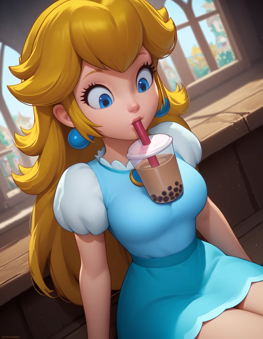 score_9, score_8_up, score_7_up, source_anime, <lora:princess-peach-showtime-ingame-ponyxl-lora-nochekaiser:1>, princess peach, blonde hair, blue eyes, long hair,, <lora:bubble-tea-challenge-ponyxl-lora-nochekaiser:1>, bubble tea challenge, bubble tea, object on breast, drinking straw, drinking straw in mouth, drinking, cup,, indoors, sitting, looking down, , cowboy shot, dutch angle