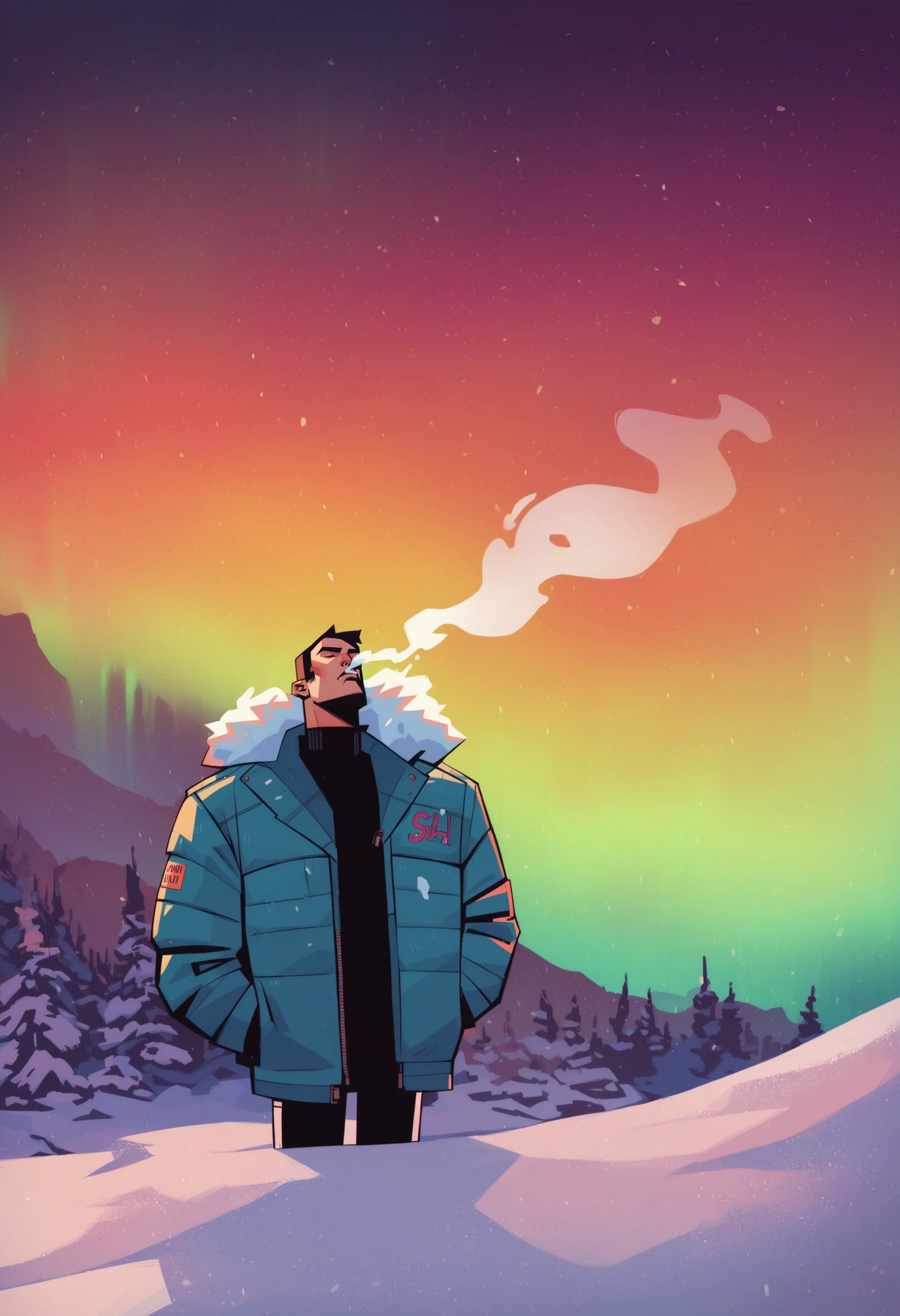 score_9, score_8_up, score_7_up, score_6_up, score_9, score_8_up, score_8, SH_Style, RobVal, 1man, thick winter jacket, blowing smoke, arctic, aurora borealis <lora:Sheeps_Styles:0.8>