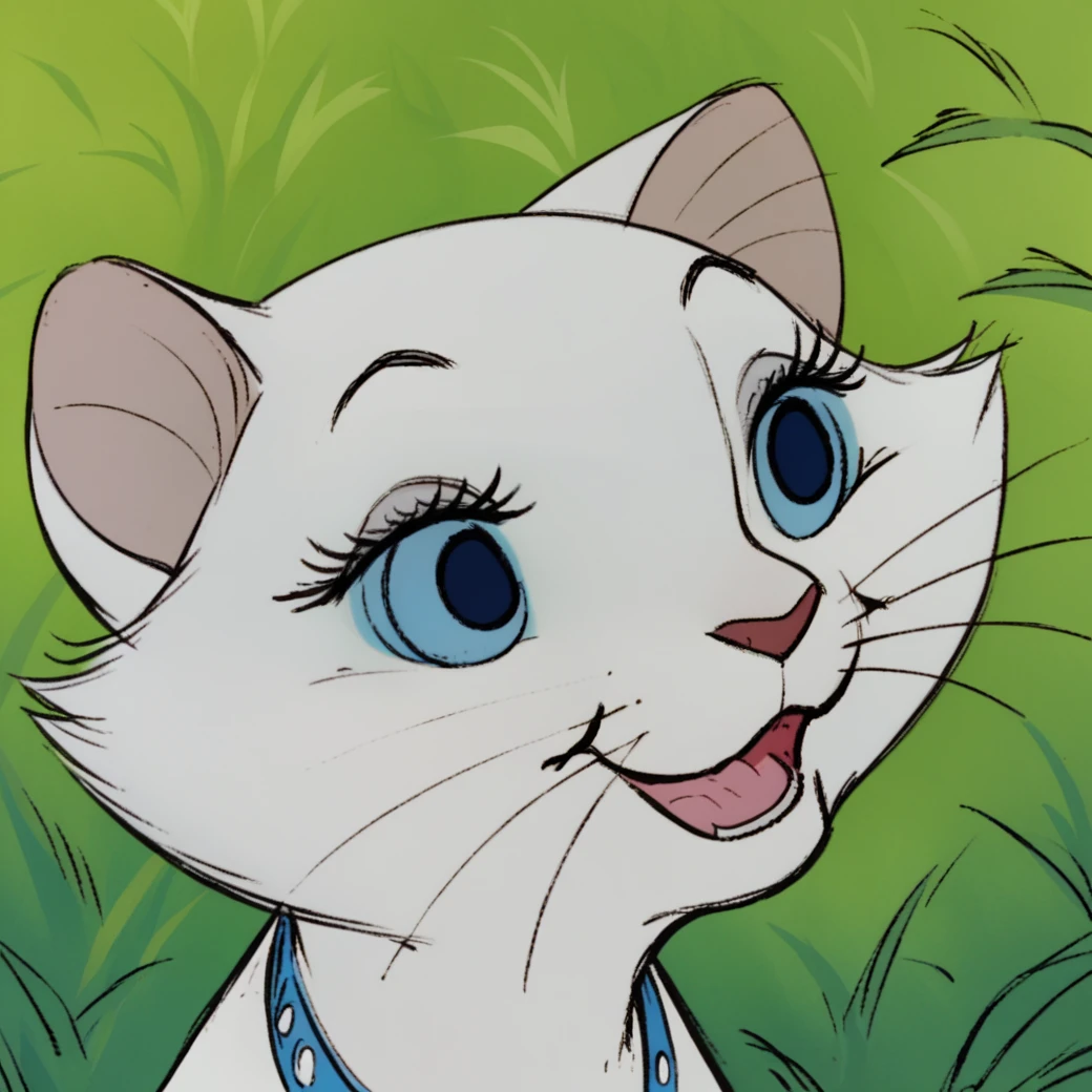 score_9, score_8_up, score_7_up, score_6_up, score_5_up, score_4_up,  <lora:Duchessartistrocats:1>, 1girl, duchesscat, solo, smile, open mouth, blue eyes, eyelashes, no humans, animal, grass, close-up, cat, white fur, cat ears, blue sclera, whiskers, body fur, black eyes