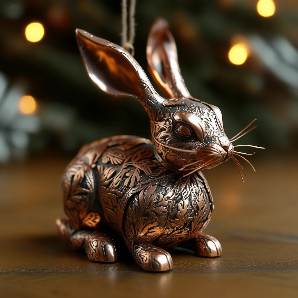 Cute rabbit copper ornament, intricate details, focus blur, dynamic angle, hd, 8k, high definition