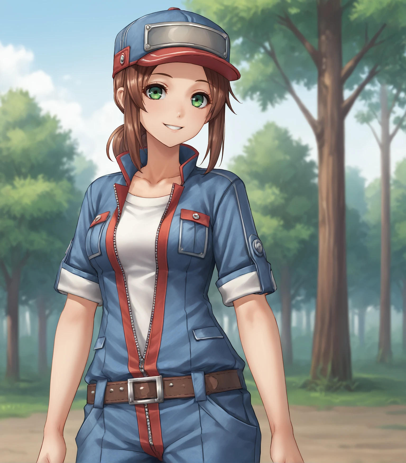 score_9, score_8_up, score_7_up, score_6_up, score_5_up, score_4_up, BREAK source_anime,
1girl, solo,  <lora:Wendy:0.9>, Wendy, brown hair, medium hair, green eyes, medium breasts, baseball cap, blue overalls, zipper, white undershirt,
cowboy shot,
looking at viewer, smile, outdoors, sky, trees,
<lora:Racoonkun_Artist_Style:0.6>, racoonsan,