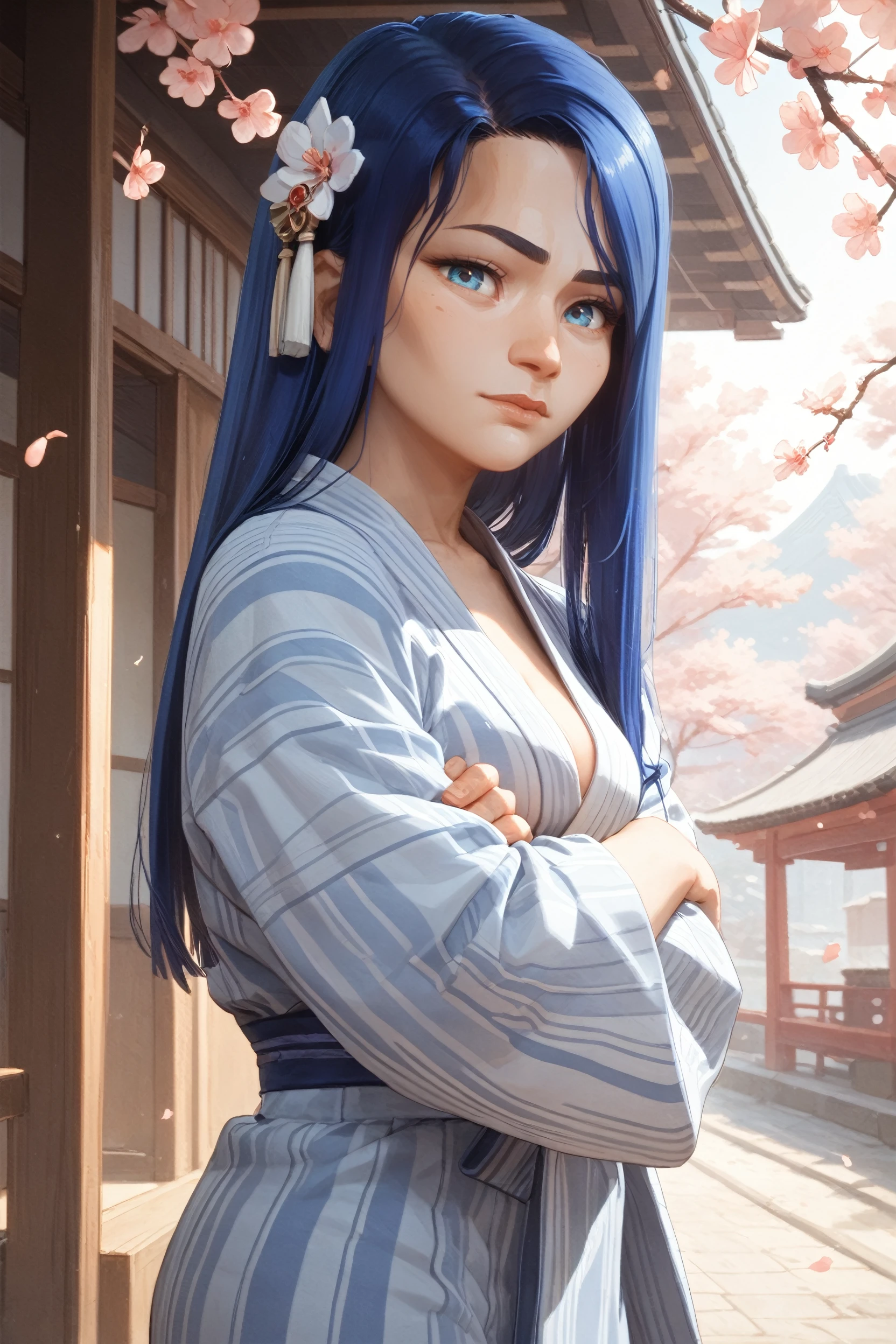 score_9, score_8_up, score_7_up, score_6_up
<lora:ALCaitlyn:1.0>
ALCaitlyn, 1girl, blue hair, long hair, blue eyes, looking at viewer, yukata, japan, cherry blossoms, hair ornament