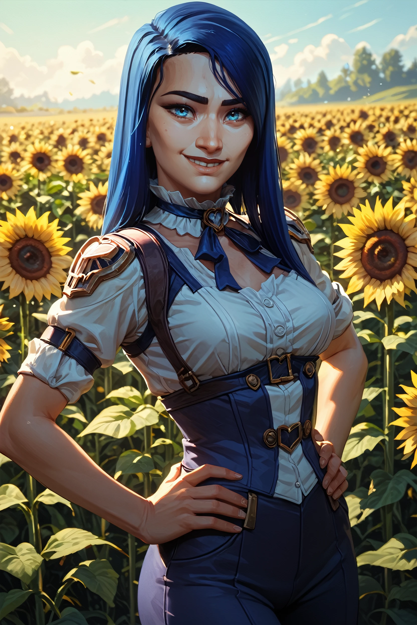 score_9, score_8_up, score_7_up, score_6_up
<lora:ALCaitlyn:1.0>
ALCaitlyn, 1girl, blue hair, long hair, blue eyes, looking at viewer, surrounded by sunflowers in a bright field, smiling, with hands on hips