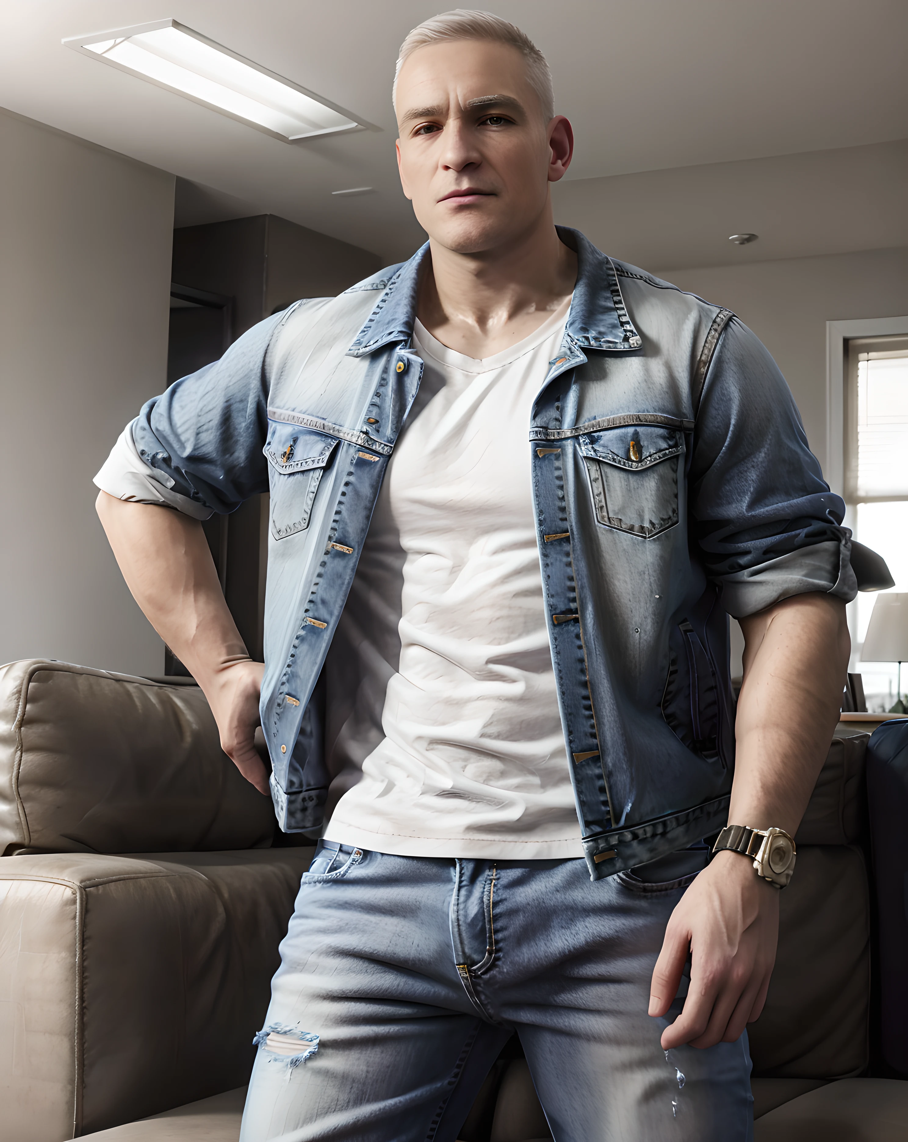 <lora:Victor_Hoffman:0.8> victor_hoffman, t-shirt, jeans jacket, living room, jeans, daytime, standing, (white short hair), looking at viewer, muscular