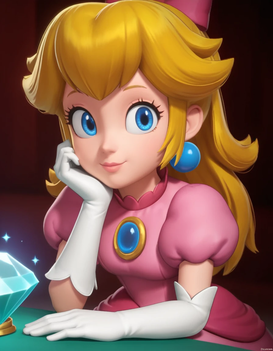 score_9, score_8_up, score_7_up, source_anime, <lora:princess-peach-showtime-ingame-ponyxl-lora-nochekaiser:1>, princess peach, blonde hair, blue eyes, long hair,, crown, dress, gem, gloves, pink dress, puffy short sleeves, puffy sleeves, short sleeves, white gloves,, indoors, smile, looking at viewer, solo, sitting, head rest, table,, cowboy shot, dutch angle