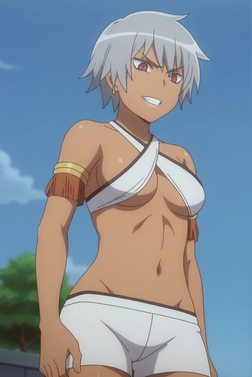 A tan-skinned anime girl lies on the ground, her ribs protruding from her emaciated body. She wears a triangle bikini top that covers her busts and long skirt, her hunger evident in the sweat beads that cover her skin. Rendered in a gritty, anime style.