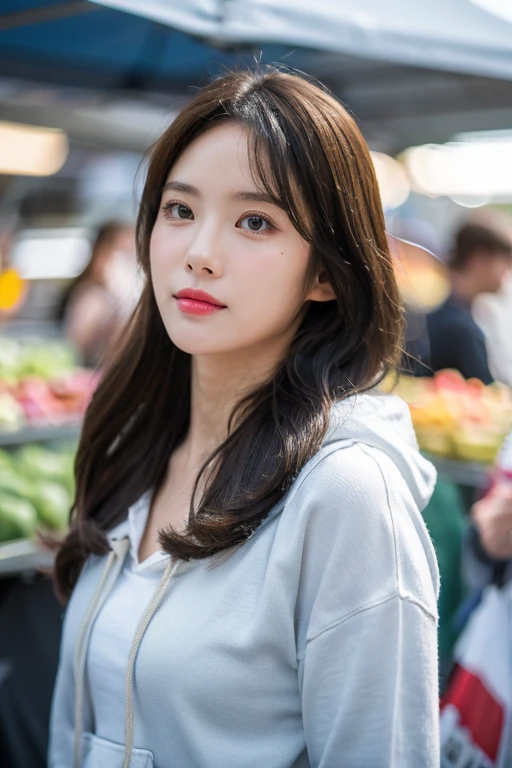 masterpiece, best quality, ultra-detailed, ultra high res, (photorealistic:1.4), raw photo, (realistic:0.2), 8k HDR, realistic lighting, looking at viewer, 1girl, solo, asymmetrical hair, outdoor, sky, (traditional market:1.2), bokeh, (detailed lips), (detailed pores), (detailed skin textures), (detailed face:1.2), (body:1.2), a woman in a hoodie, cowboy shot,