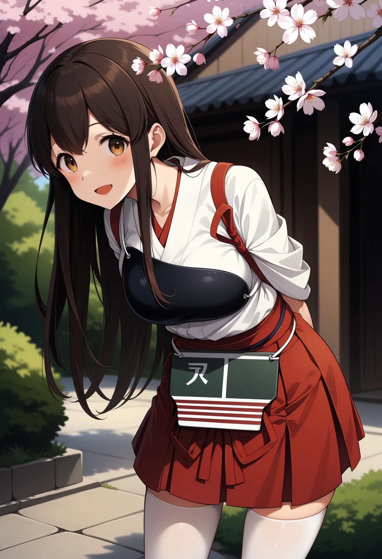 (masterpiece, best quality, very aesthetic, ultra detailed), intricate details, 4k, aaakagi, long hair, brown hair, brown eyes, japanese clothes, muneate, tasuki, hakama skirt, red hakama, white thighhighs, <lora:akagi_(kancolle)_animagine_v1:0.9>, arms behind back, leaning forward, standing, outdoors, open mouth, cherry blossoms, smile,