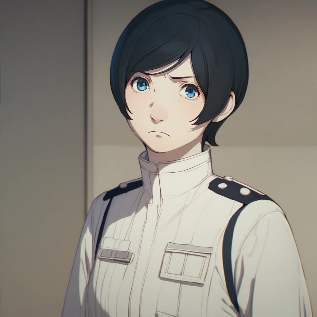 score_9, score_8_up, score_7_up, score_6_up, izana-shinatose, Shidonia-no-Kishi, 1girl, solo, looking at viewer, short hair, blue eyes, black hair, closed mouth, upper body, female focus, indoors, uniform, swept bangs, anime coloring, portrait, frown