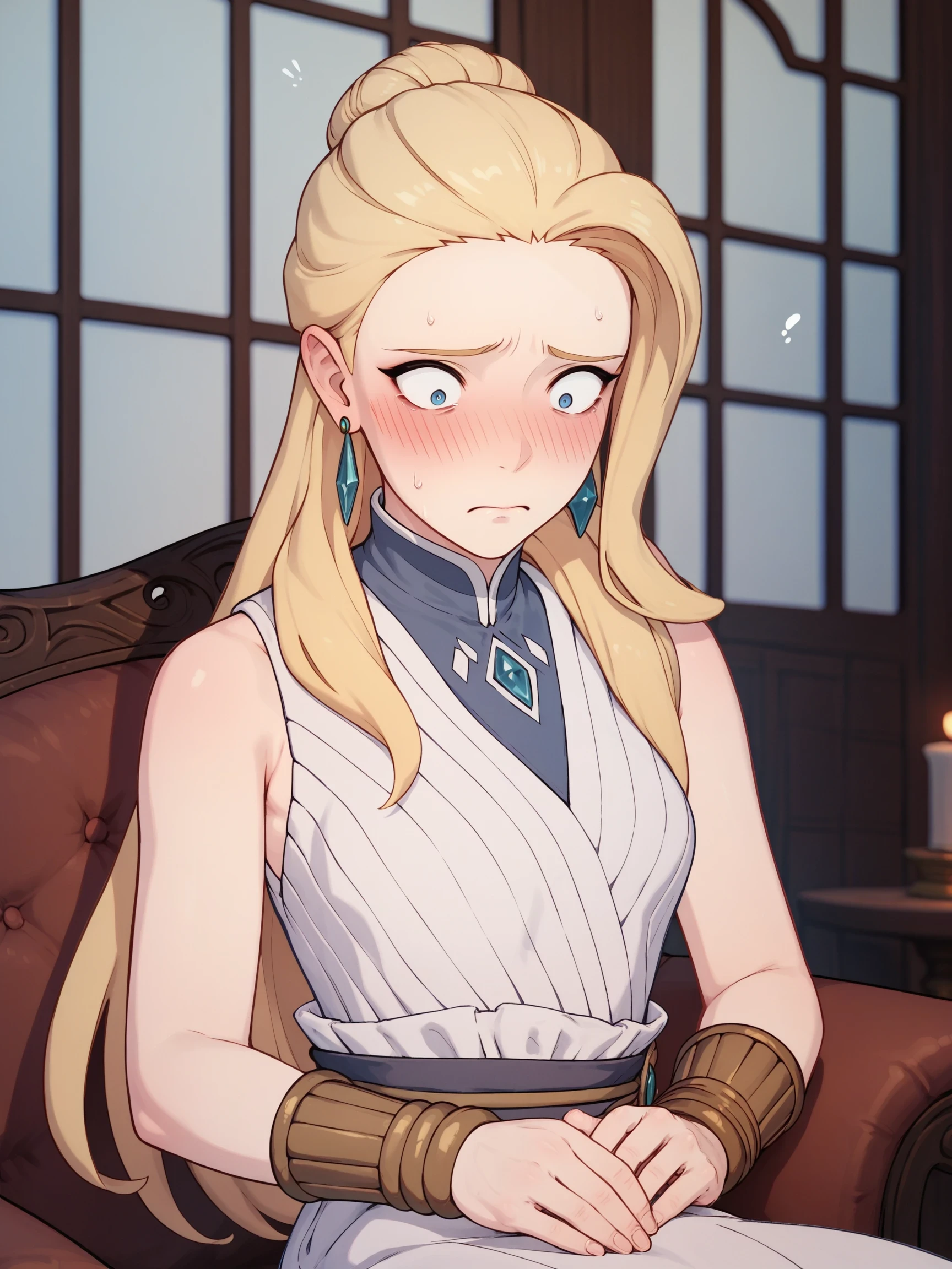 Indoors, detailed background, blushing, embarassed,

score_9, score_8_up, score_7_up, HumanSalem, 1girl, long hair, blonde hair, blue eyes, human, earrings, jewelry,  white dress, sleeveless, bracer