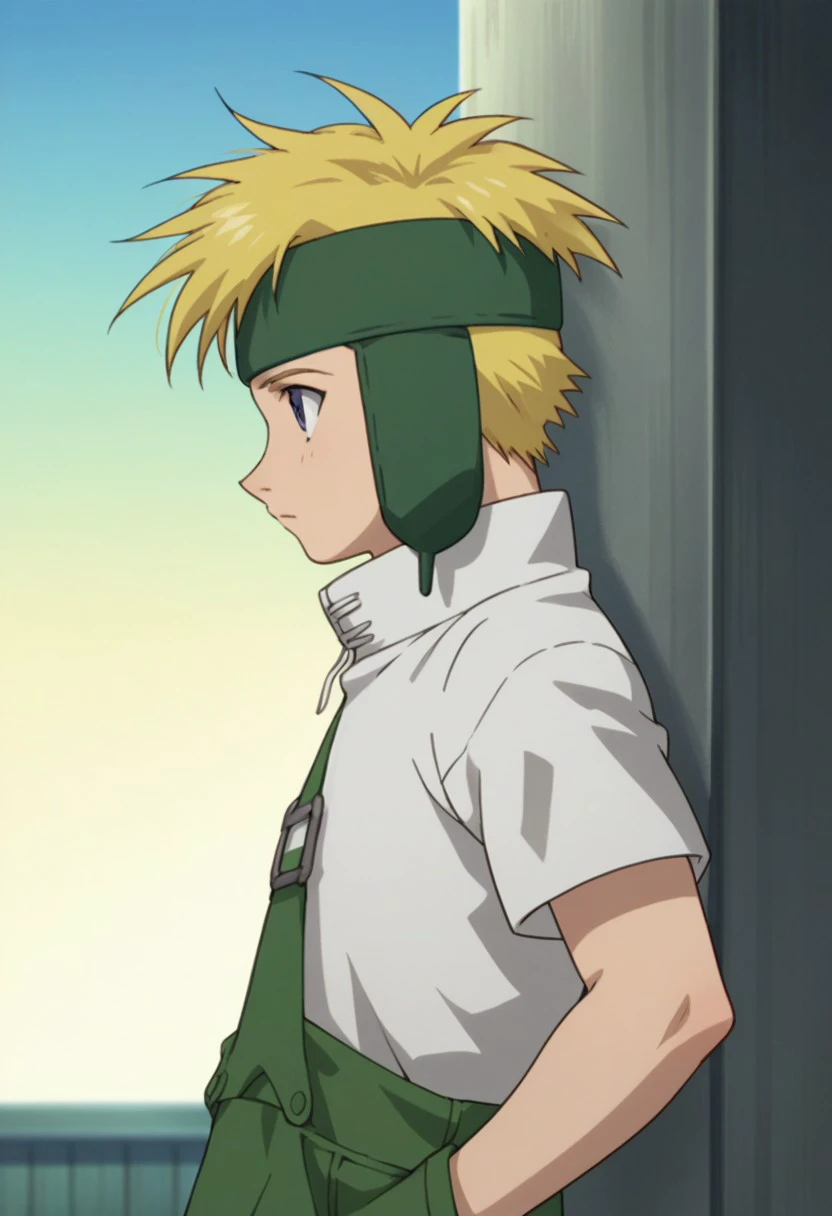 score_9, score_8_up, score_7_up, source_anime, highly detailed, 
fletchertringham, solo, 1boy, male focus, blonde hair, upper body, standing, shirt, white shirt, pants, short sleeves, headband, green pants,
overalls, forehead protector, blue eyes, profile,