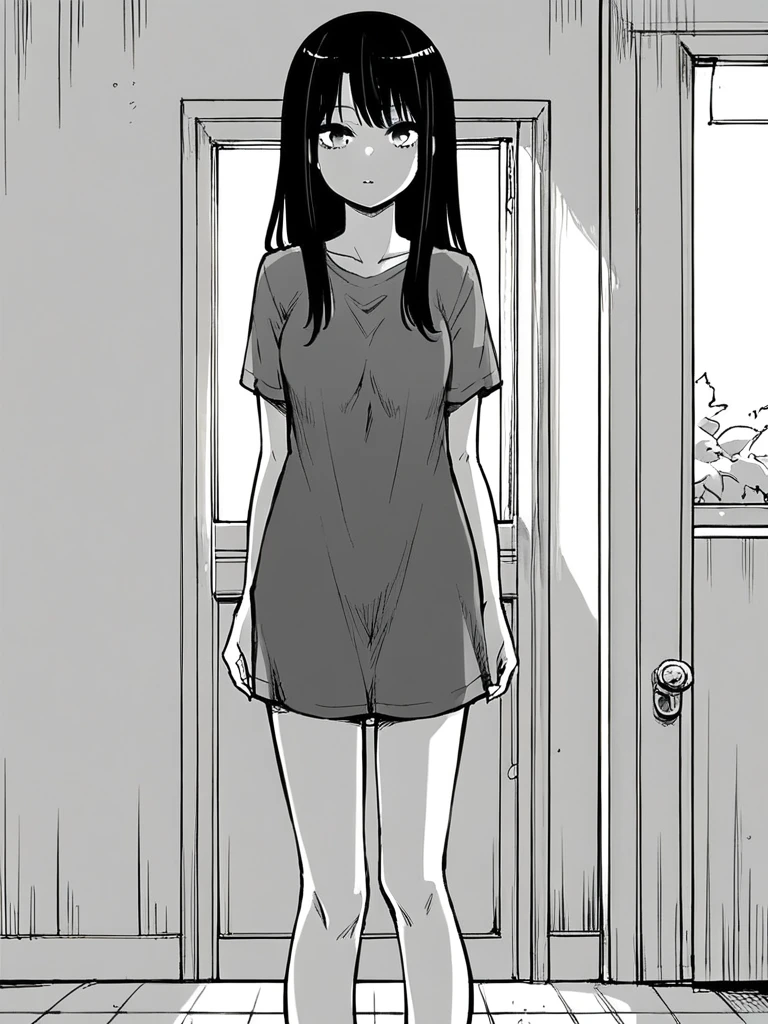 score_9, score_8_up, score_7_up, 
1girl, monochrome, yotsuya miko, long hair, black hair, 

medium breasts, black t-shirt, t-shirt dress, bare legs, standing, indoors, looking at viewer, 