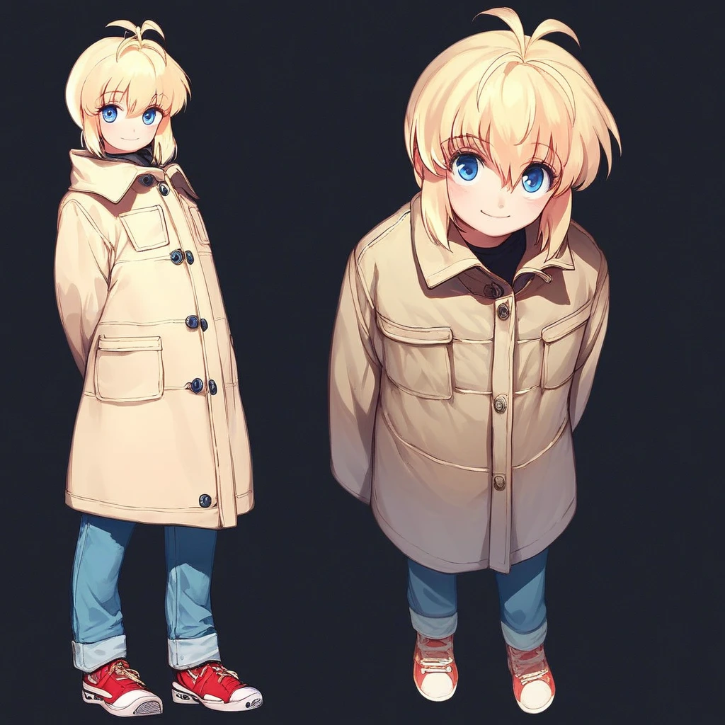 score_9, score_8_up, score_7_up, score_6_up, Rico, Gunslinger-Girl, 1girl, solo, looking at viewer, blush, smile, short hair, blue eyes, simple background, blonde hair, long sleeves, holding, hair between eyes, closed mouth, standing, jacket, full body, female focus, weapon, sidelocks, shoes, pants, coat, arms behind back, black background, antenna hair, denim, sneakers, red footwear, androgynous, pocket, jeans, blue pants, brown coat, general