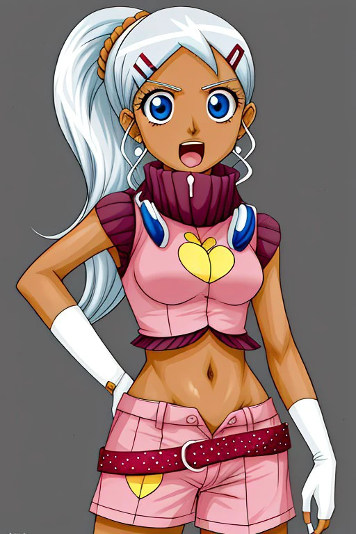 masterpiece_portrait, high quality, anime coloring, bakugan, julie makimoto, 1girl, gloves, solo, fingerless gloves, blue eyes, pink shirt, pink pants, navel, long hair, shorts, dark-skinned female, midriff, dark skin, hair ornament, hairclip, open mouth, belt