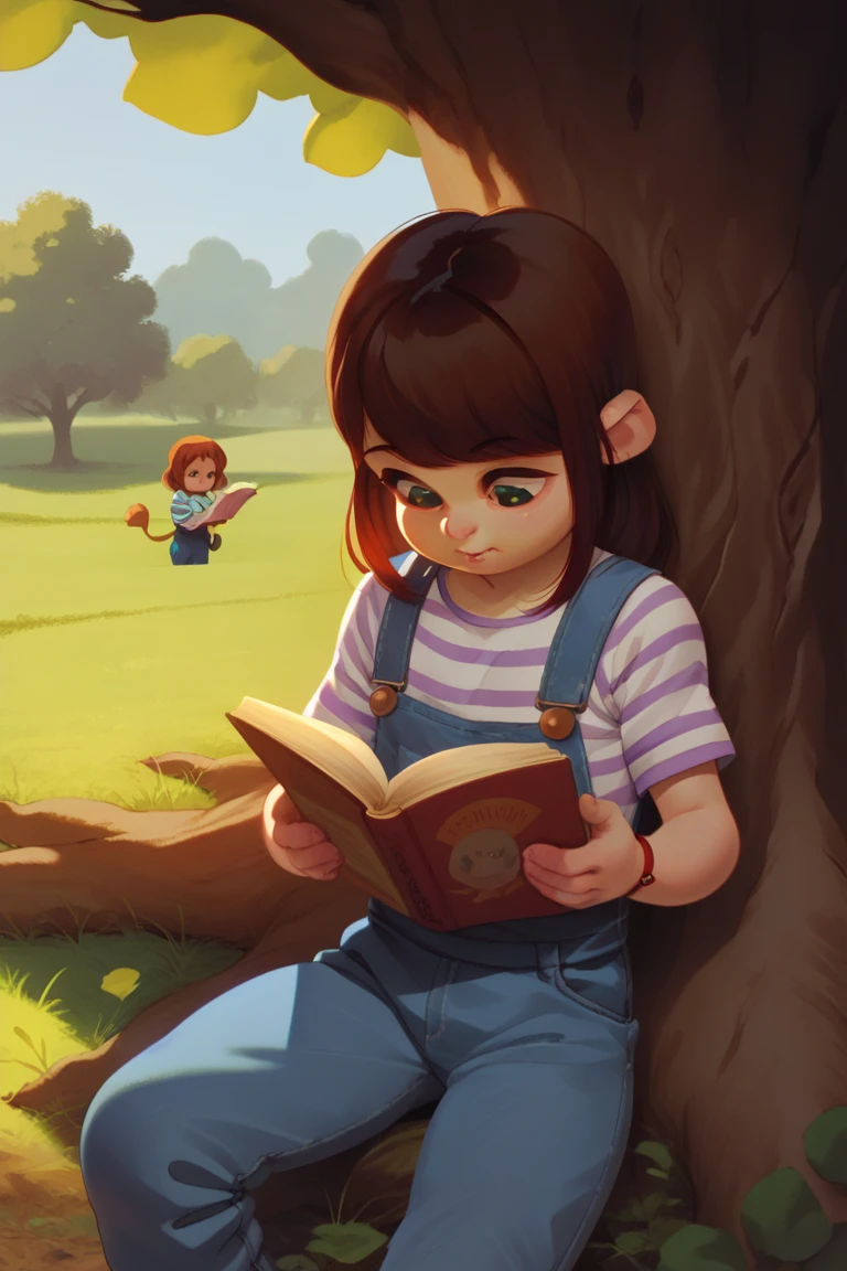 score_9, score_8, alkemanubis, alkemanubisStyle, A young girl in a blue and white striped shirt and denim overalls, reading a book under a tree, with a thoughtful expression, in a peaceful park.