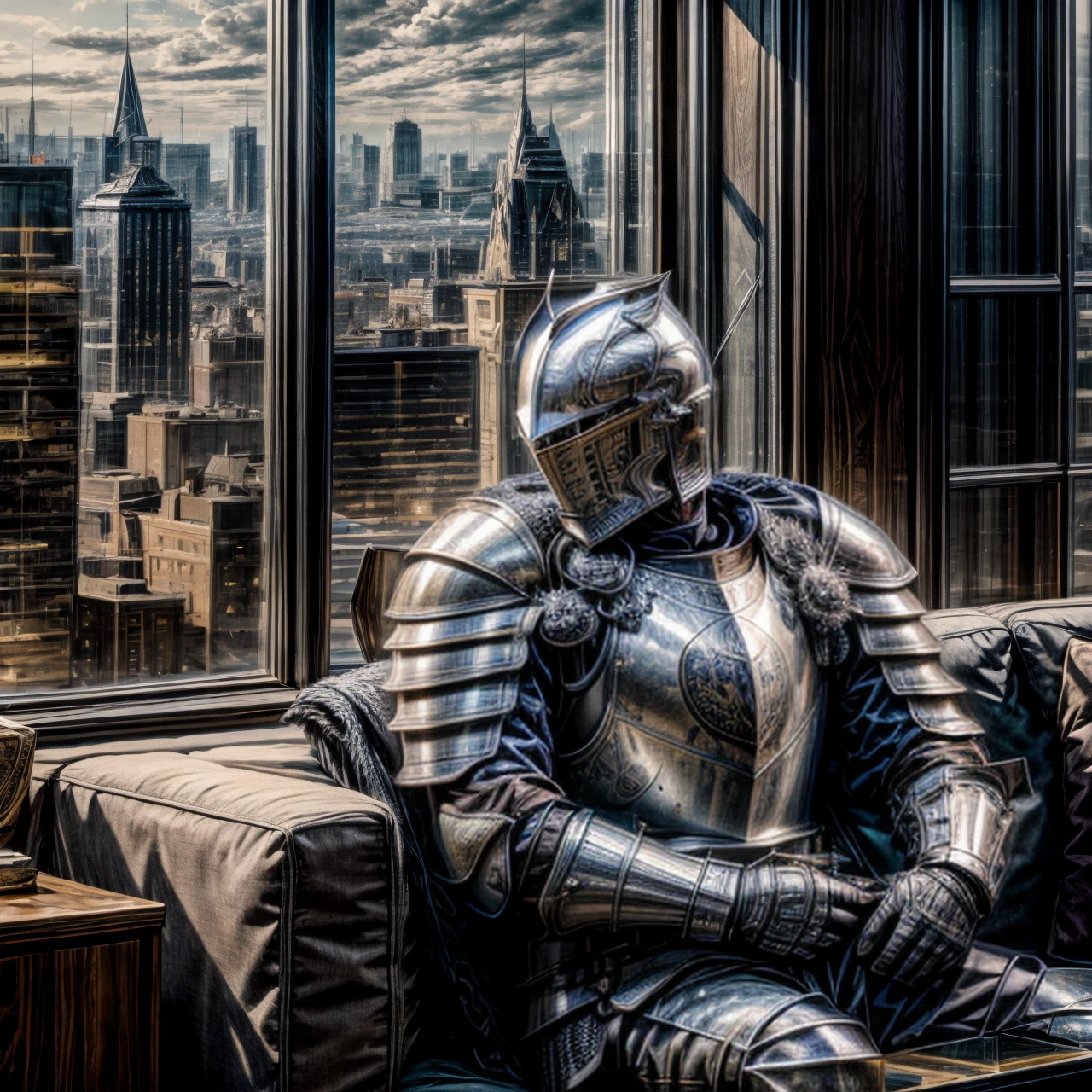 couch, sitting, window, cityscape, <lora:modernknight:0.6>, modernknight, knight, armor, helmet, armored gloves, very detailed, <lora:more_details:0.6>, high quality, highres, masterpiece, best quality, 8k, intricate, detailed, <lora:add_detail:0.6>